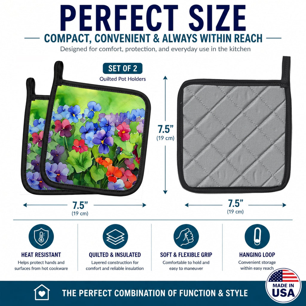 Illinois Violet in Watercolor Pot Holder Set of 2 Heat Resistant Quilted Hot Pads 7.5 x 7.5 Inch, Insulated Kitchen Trivets for Cooking & Baking