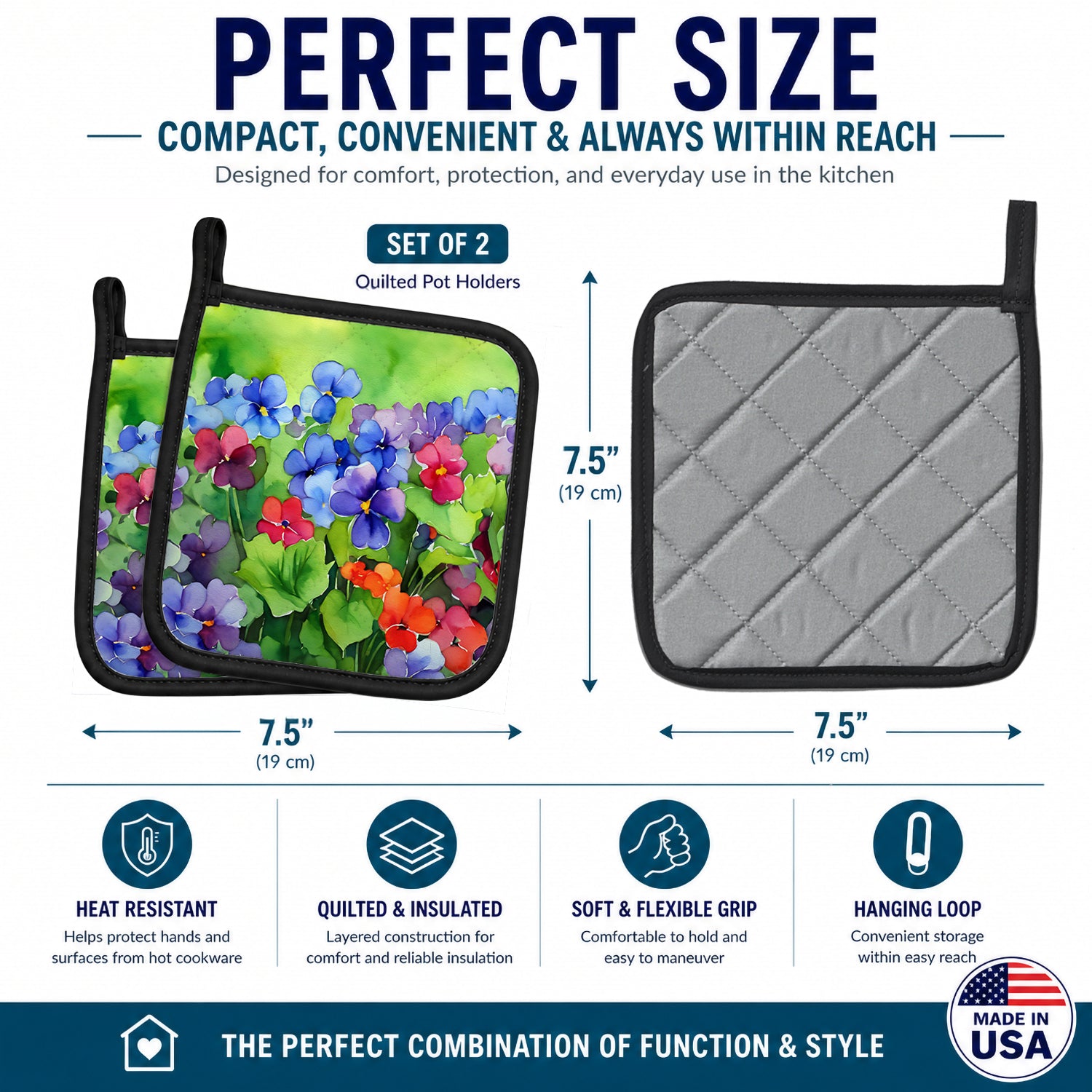 Illinois Violet in Watercolor Pot Holder Set of 2 Heat Resistant Quilted Hot Pads 7.5 x 7.5 Inch, Insulated Kitchen Trivets for Cooking & Baking