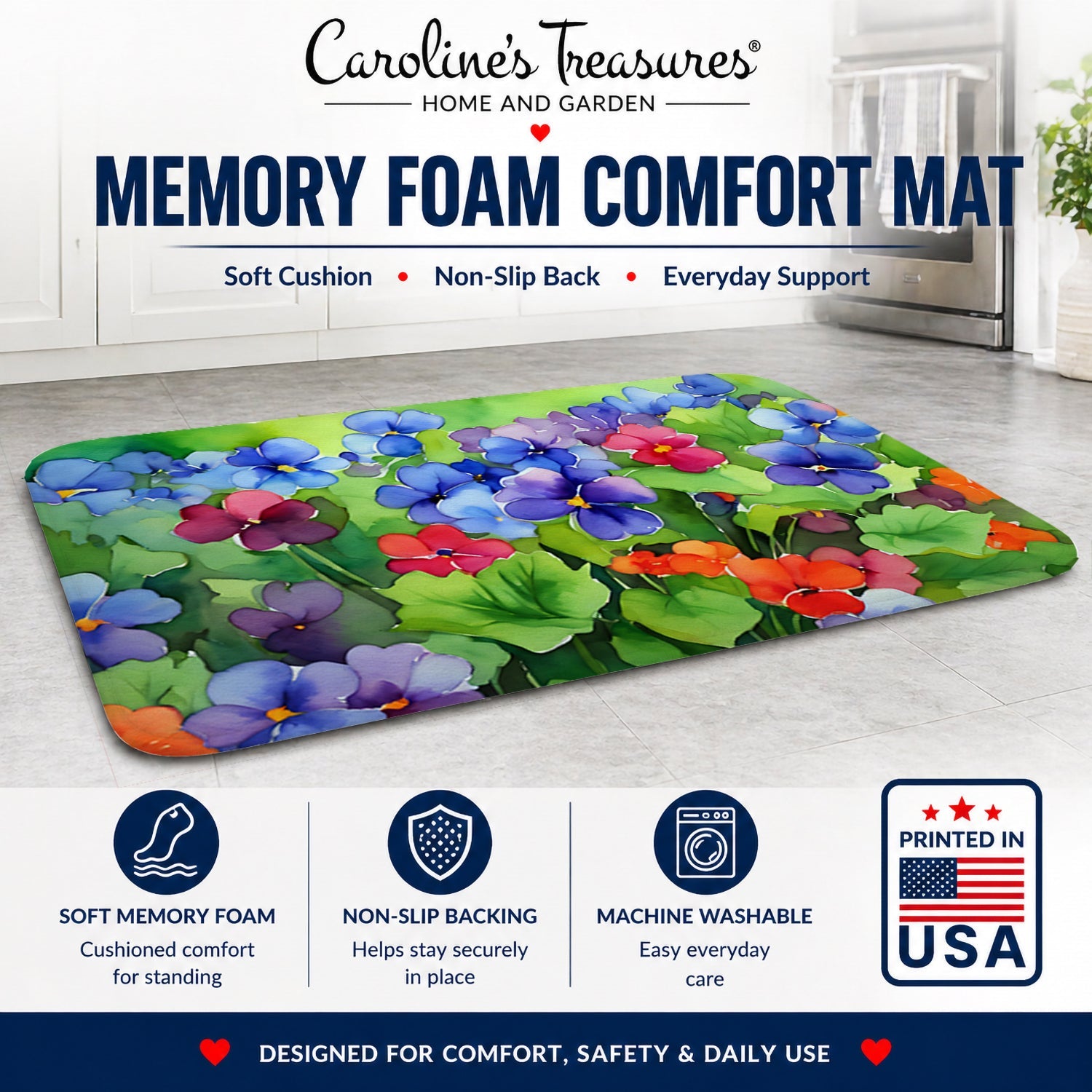 Illinois Violet in Watercolor Memory Foam Kitchen Mat Machine Washable Anti-Fatigue Cushion Comfort Bath or Kitchen Rug