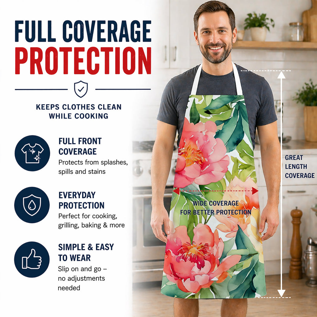 Indiana Peonies in Watercolor Apron Cooking Kitchen Server Baking Crafts Gardening for Adult Women Men, Unisex, Large, Multicolor