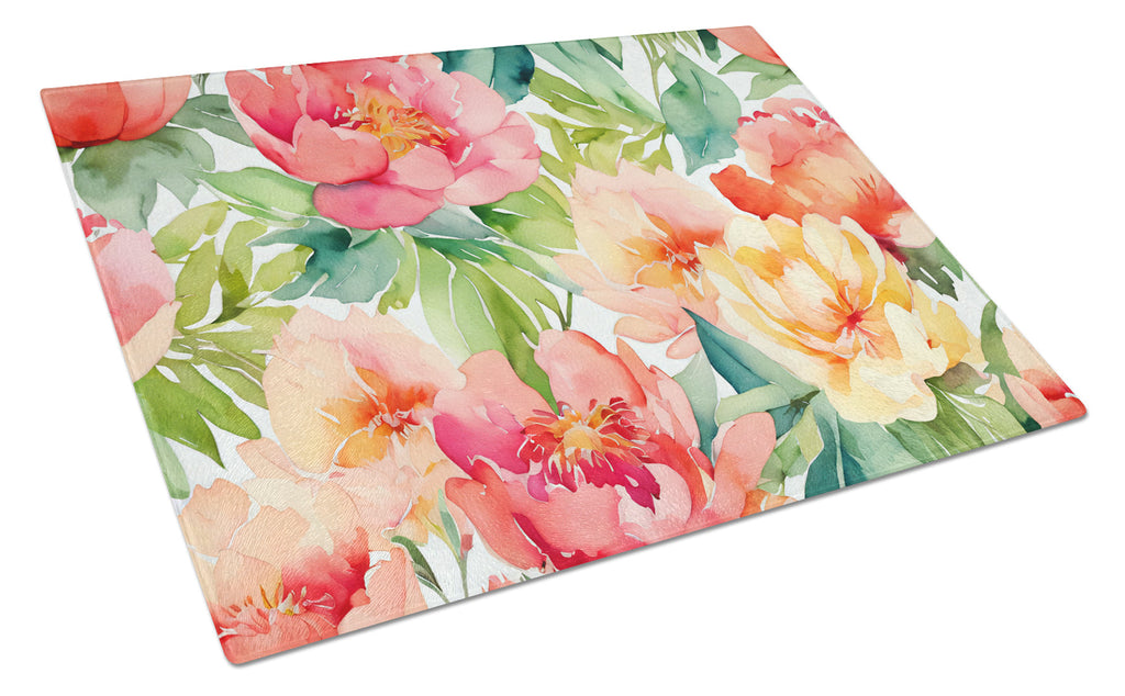 Indiana Peonies in Watercolor Cutting Board Tempered Glass Kitchen Cutting Surface, Heat Resistant Chopping, Non-Slip Feet, Food Prep & Serving