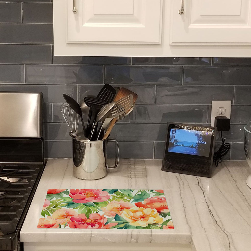 Indiana Peonies in Watercolor Cutting Board Tempered Glass Kitchen Cutting Surface, Heat Resistant Chopping, Non-Slip Feet, Food Prep & Serving