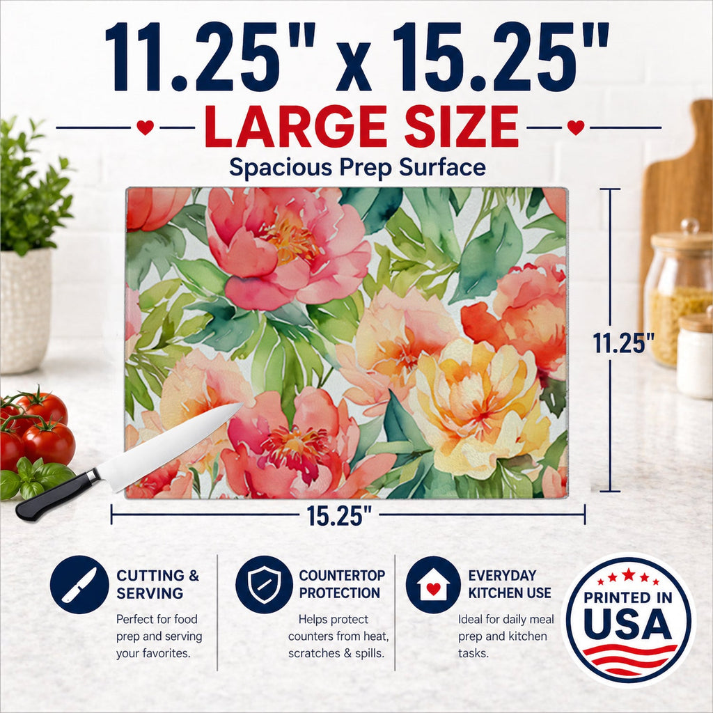 Indiana Peonies in Watercolor Cutting Board Tempered Glass Kitchen Cutting Surface, Heat Resistant Chopping, Non-Slip Feet, Food Prep & Serving