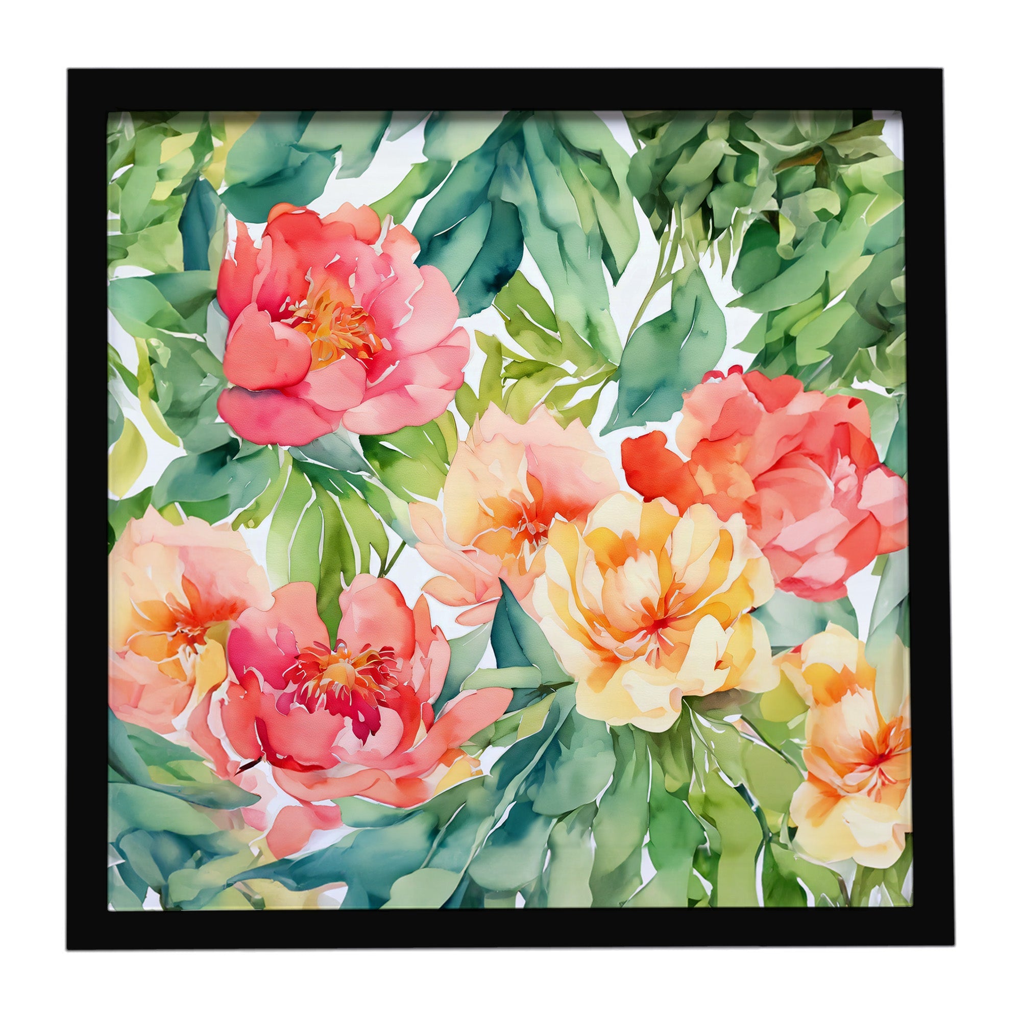 Indiana Peonies in Watercolor Framed Metal Print Bathroom, Kitchen, Office, Home Decor Wall Art Ready to Hang, Square, 8X8