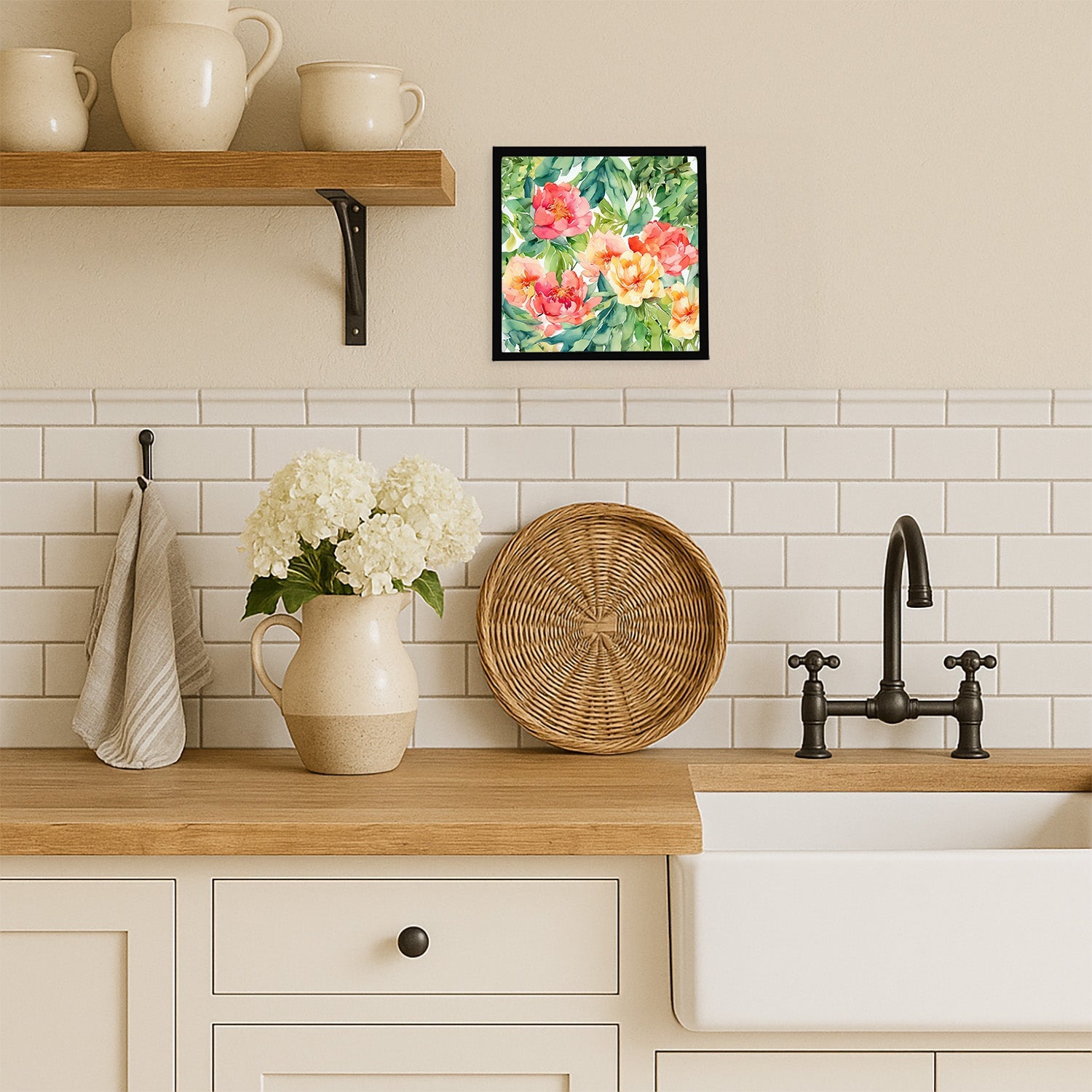Indiana Peonies in Watercolor Framed Metal Print Bathroom, Kitchen, Office, Home Decor Wall Art Ready to Hang, Square, 8X8