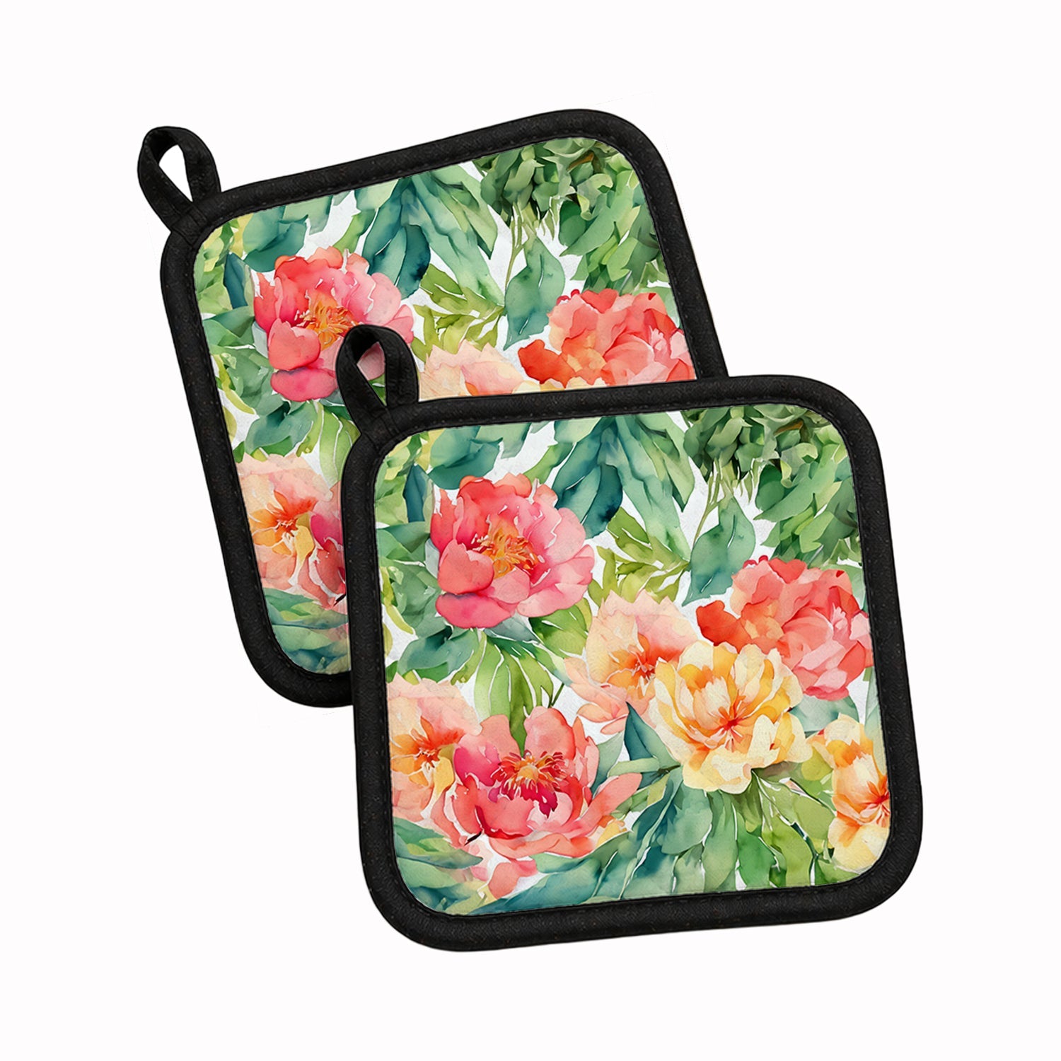 Indiana Peonies in Watercolor Pot Holder Set of 2 Heat Resistant Quilted Hot Pads 7.5 x 7.5 Inch, Insulated Kitchen Trivets for Cooking & Baking