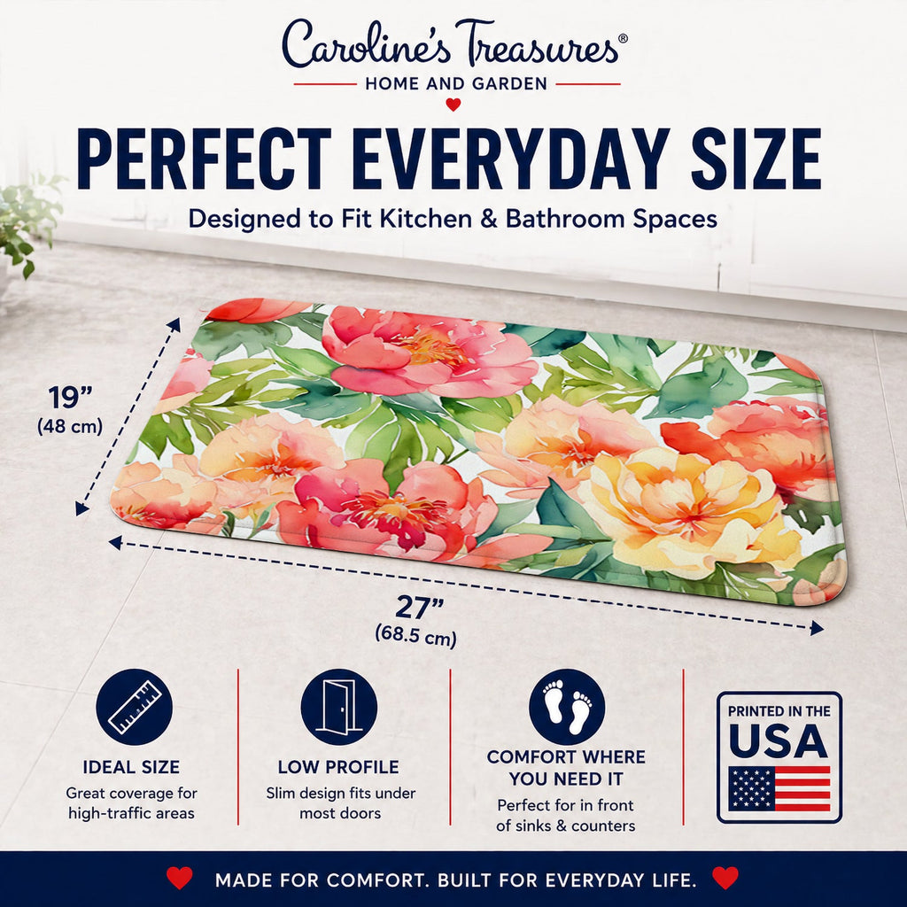 Indiana Peonies in Watercolor Memory Foam Kitchen Mat Machine Washable Anti-Fatigue Cushion Comfort Bath or Kitchen Rug