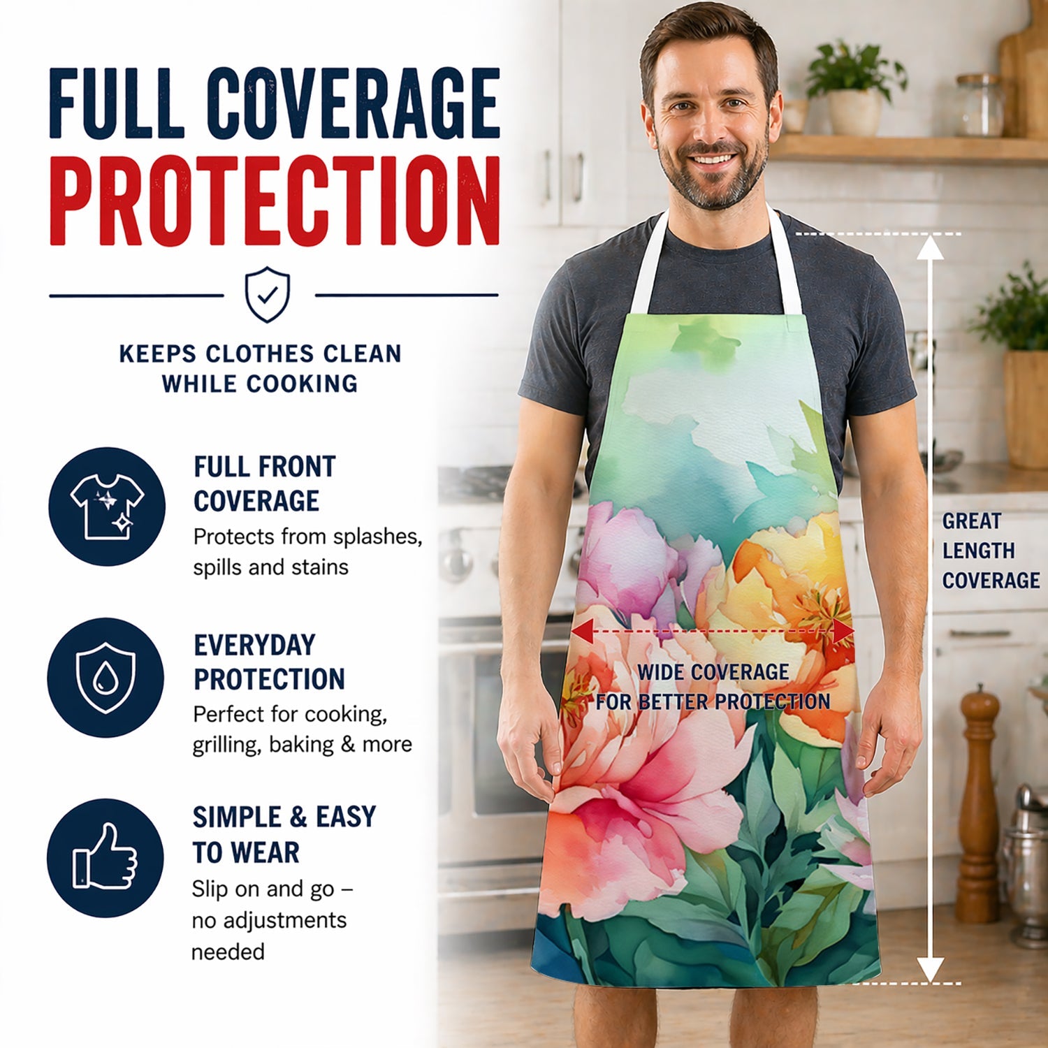 Indiana Peonies in Watercolor Apron Cooking Kitchen Server Baking Crafts Gardening for Adult Women Men, Unisex, Large, Multicolor