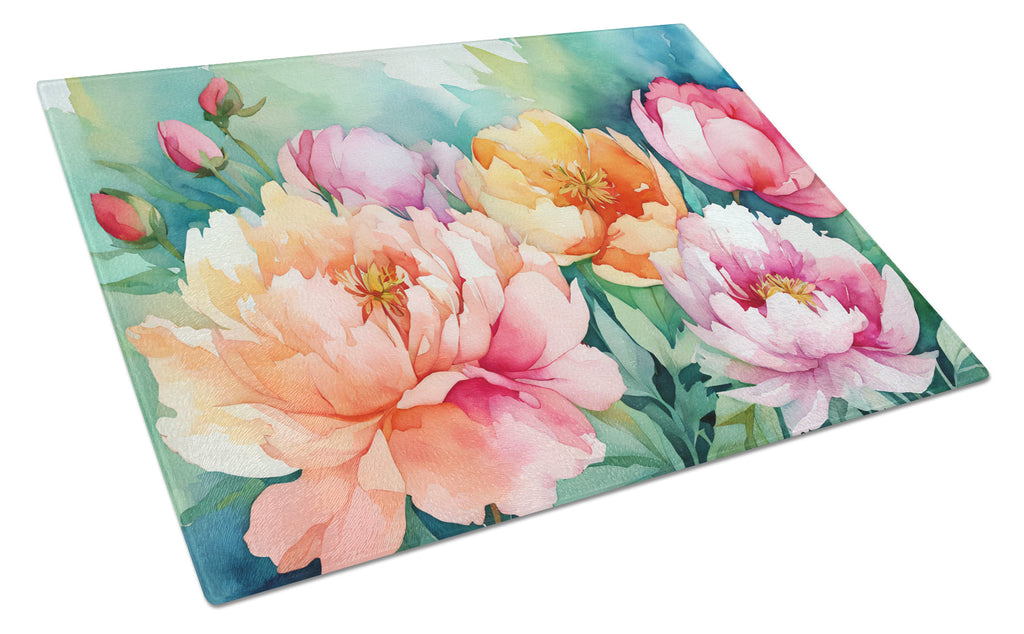 Indiana Peonies in Watercolor Cutting Board Tempered Glass Kitchen Cutting Surface, Heat Resistant Chopping, Non-Slip Feet, Food Prep & Serving