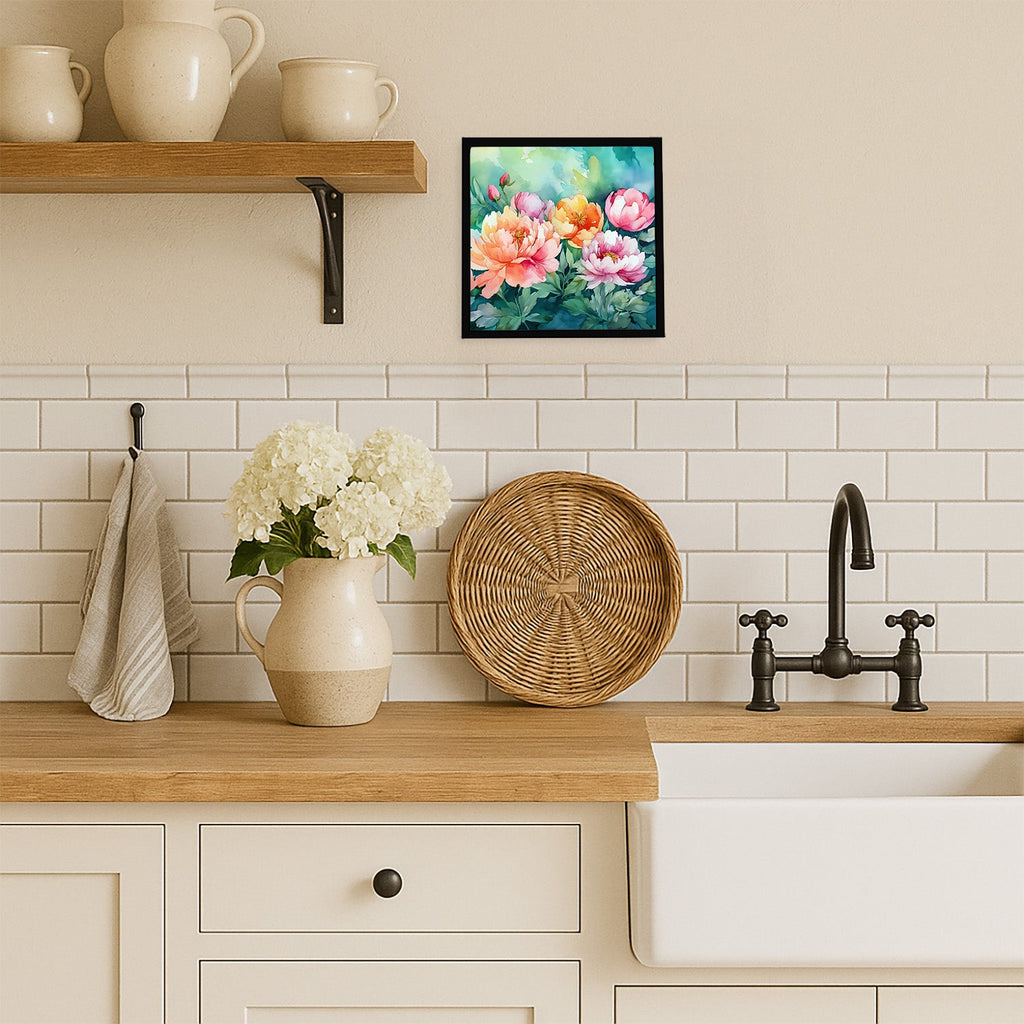Indiana Peonies in Watercolor Framed Metal Print Bathroom, Kitchen, Office, Home Decor Wall Art Ready to Hang, Square, 8X8
