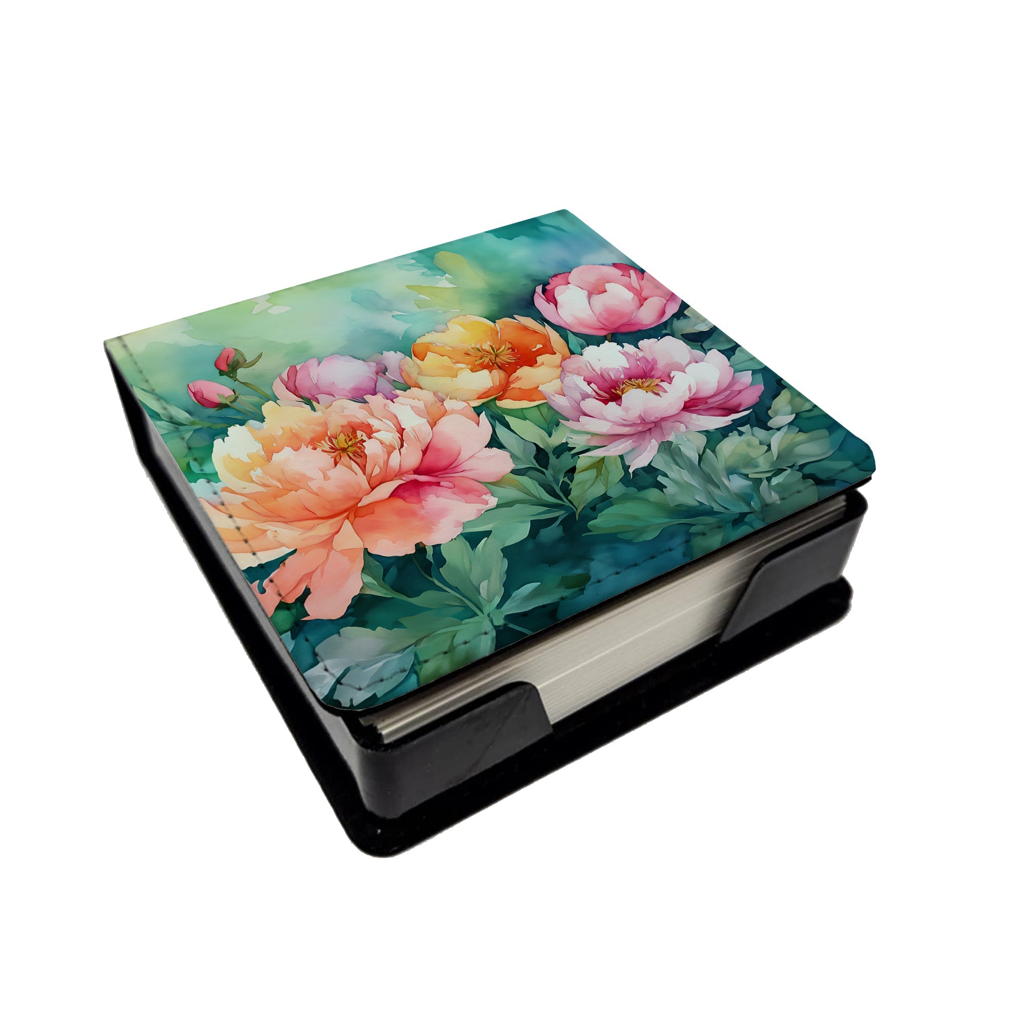 Indiana Peonies in Watercolor PU Leather Note Paper Holder with Artist-Designed Cover, Desk Accessory, Office Gift