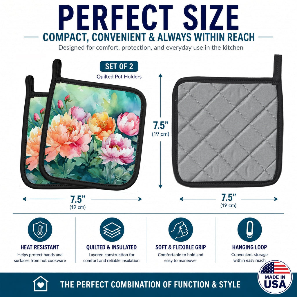 Indiana Peonies in Watercolor Pot Holder Set of 2 Heat Resistant Quilted Hot Pads 7.5 x 7.5 Inch, Insulated Kitchen Trivets for Cooking & Baking