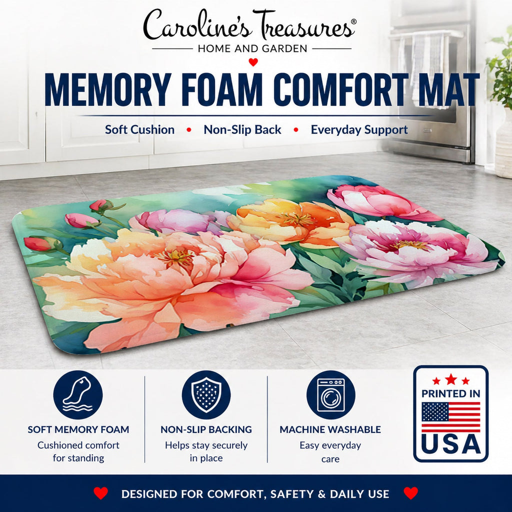 Indiana Peonies in Watercolor Memory Foam Kitchen Mat Machine Washable Anti-Fatigue Cushion Comfort Bath or Kitchen Rug