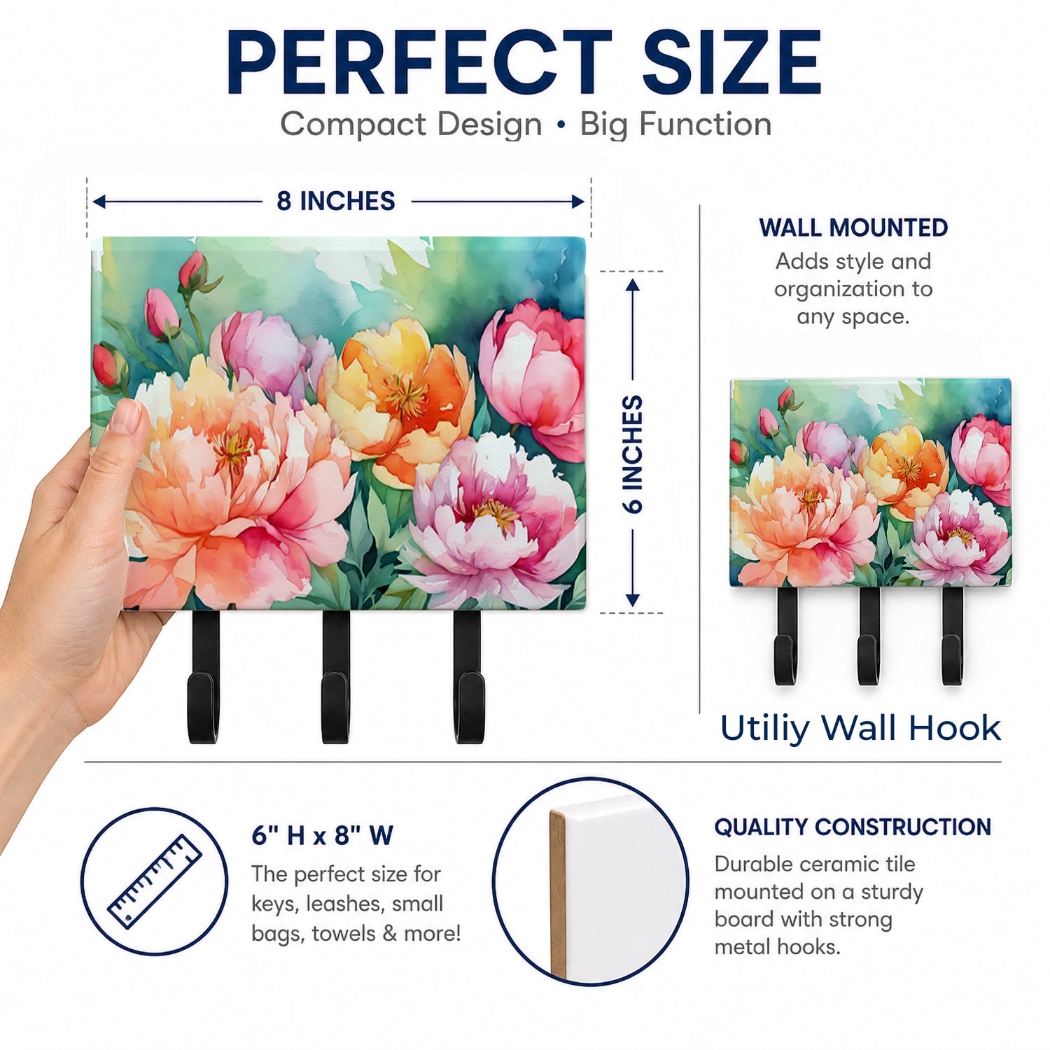 Indiana Peonies in Watercolor Leash or Key Holder Wall Hooks, Coat Rack Wall Mount, for Hanging Keys, Towels, Aprons, Leashes