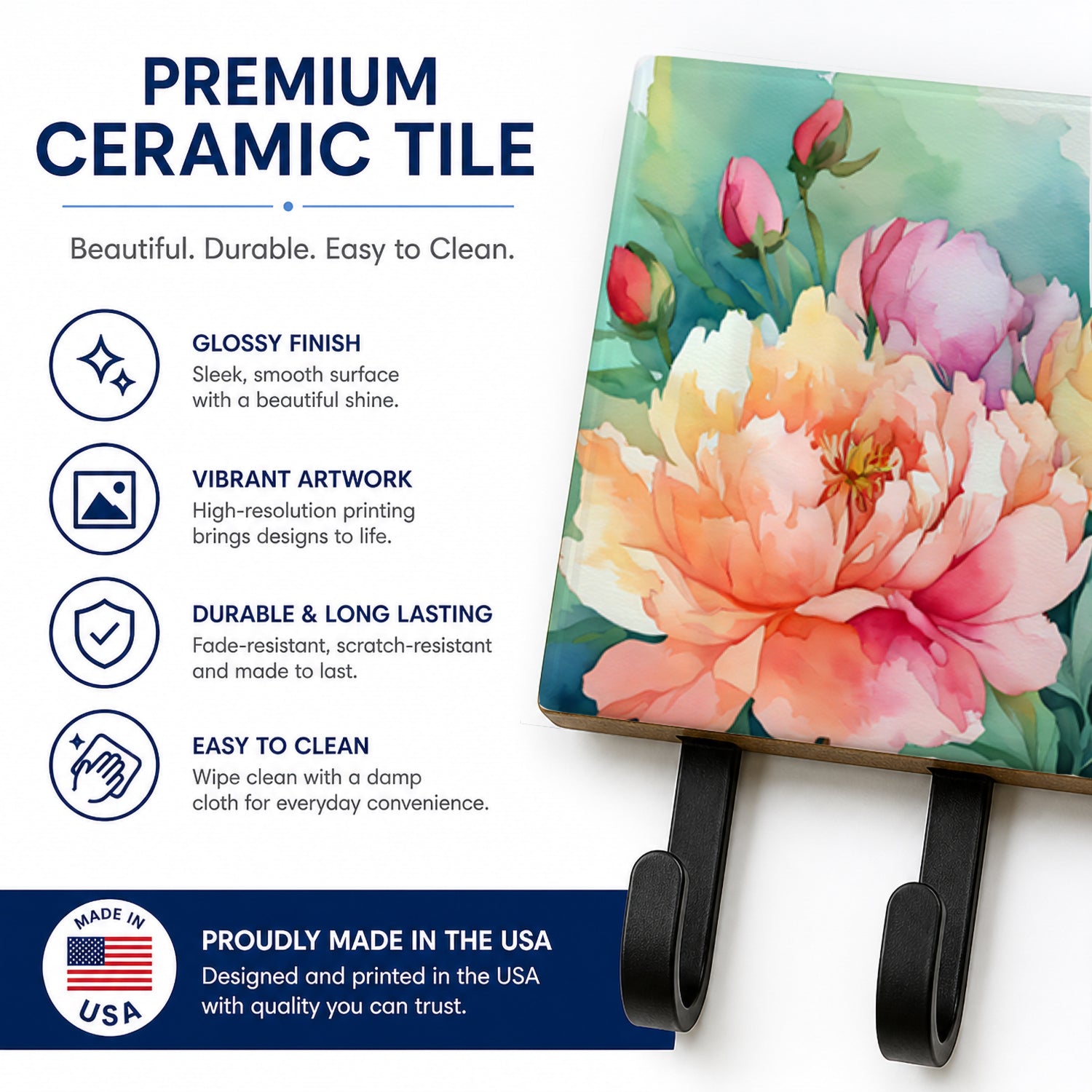Indiana Peonies in Watercolor Leash or Key Holder Wall Hooks, Coat Rack Wall Mount, for Hanging Keys, Towels, Aprons, Leashes