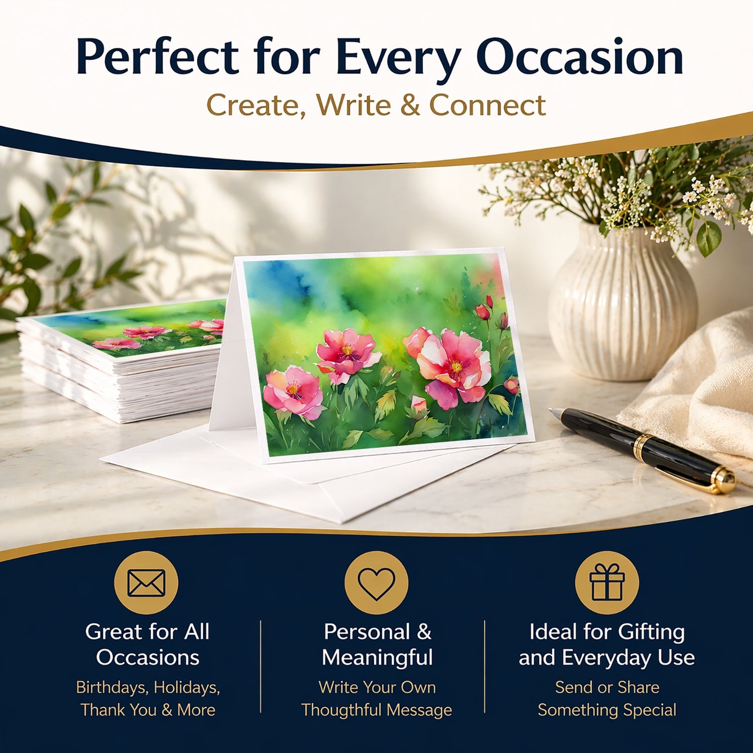 Iowa Wild Prairie Roses in Watercolor Greeting Cards Pack of 8 Blank Cards with Envelopes Whimsical A7 Size 5x7