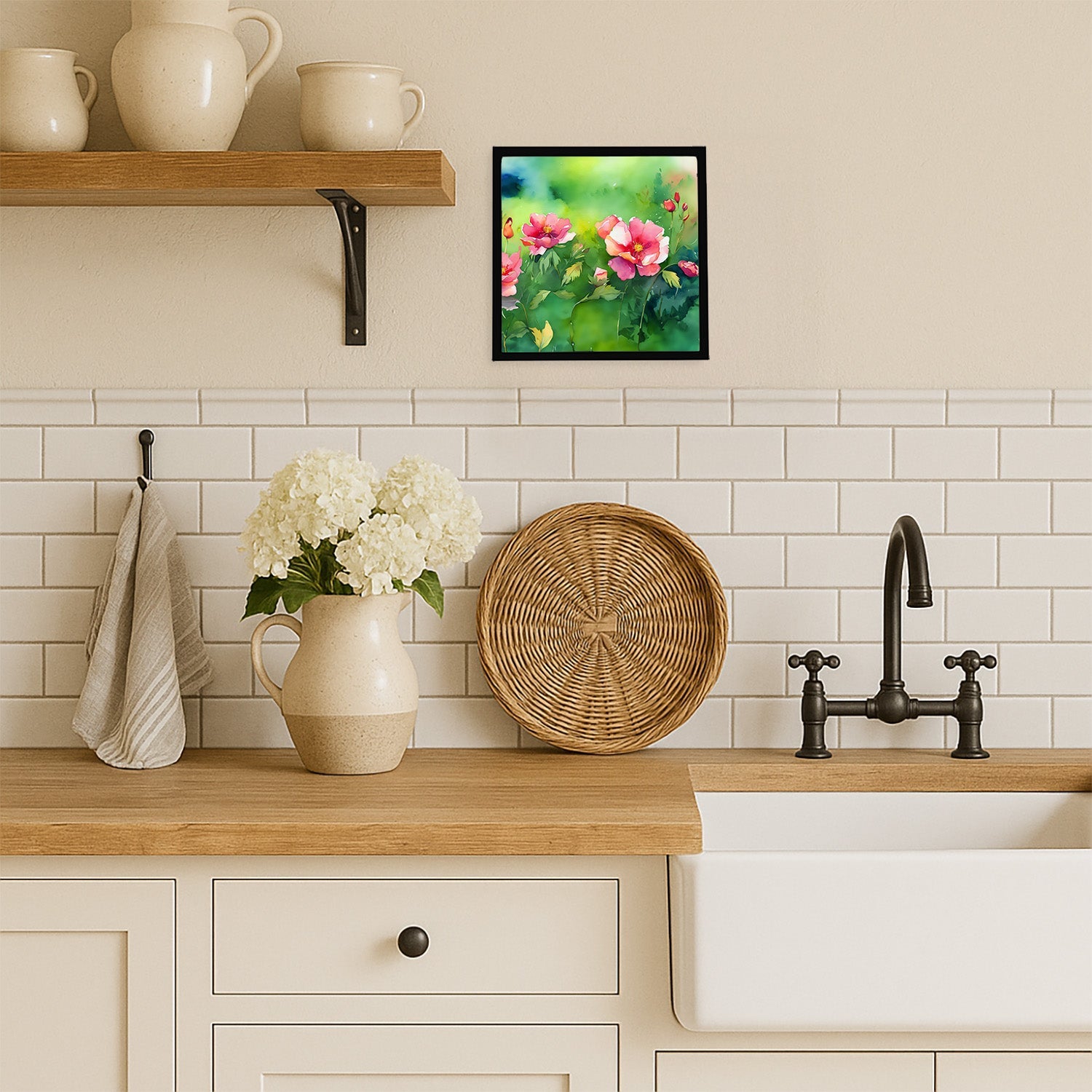 Iowa Wild Prairie Roses in Watercolor Framed Metal Print Bathroom, Kitchen, Office, Home Decor Wall Art Ready to Hang, Square, 8X8
