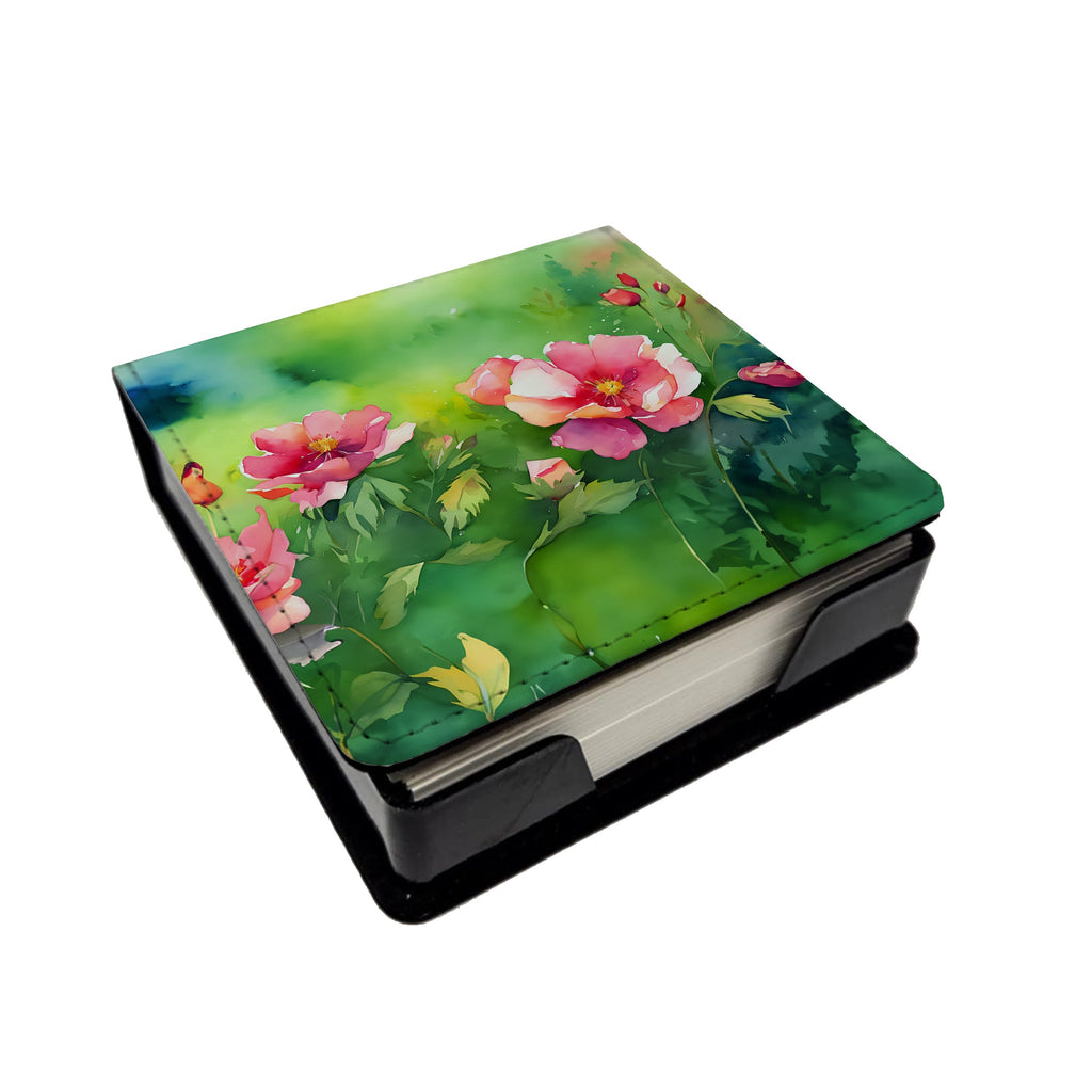 Iowa Wild Prairie Roses in Watercolor PU Leather Note Paper Holder with Artist-Designed Cover, Desk Accessory, Office Gift