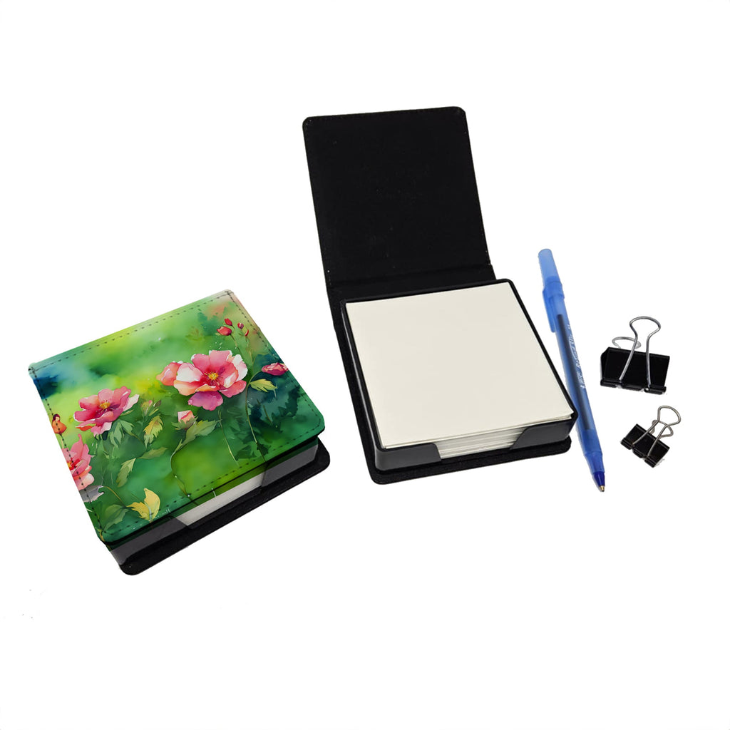 Iowa Wild Prairie Roses in Watercolor PU Leather Note Paper Holder with Artist-Designed Cover, Desk Accessory, Office Gift