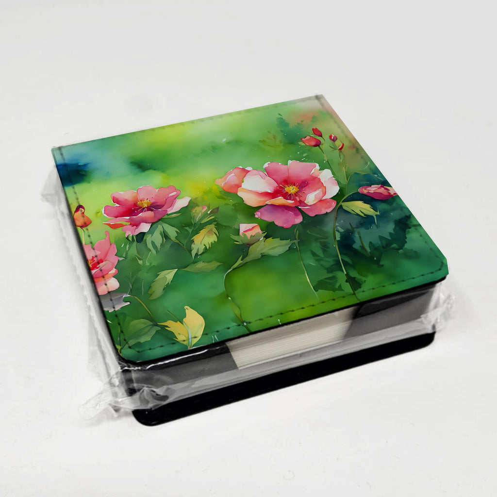 Iowa Wild Prairie Roses in Watercolor PU Leather Note Paper Holder with Artist-Designed Cover, Desk Accessory, Office Gift