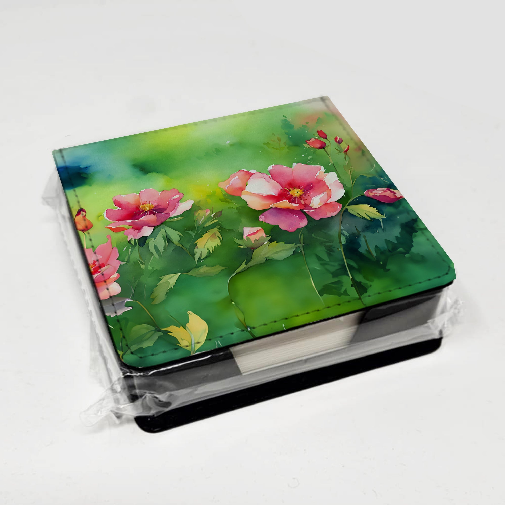 Iowa Wild Prairie Roses in Watercolor PU Leather Note Paper Holder with Artist-Designed Cover, Desk Accessory, Office Gift