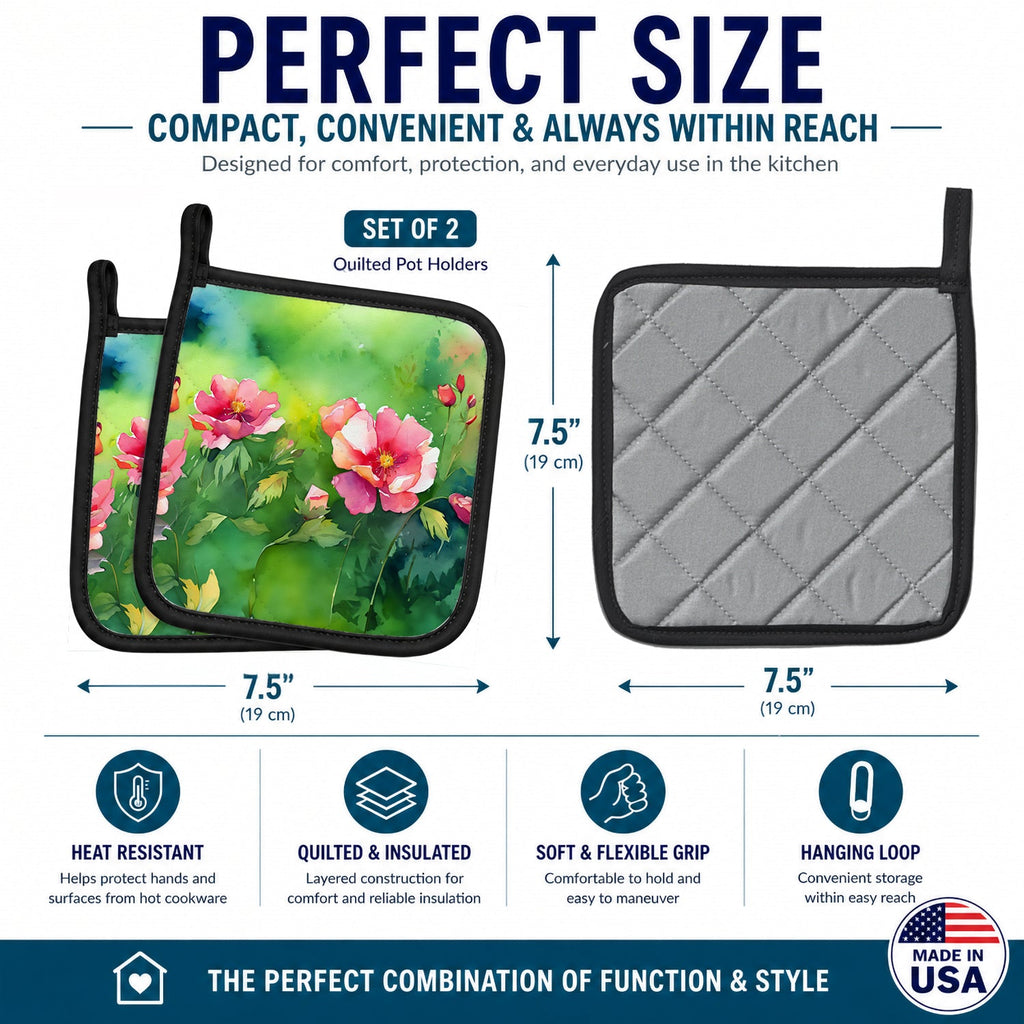 Iowa Wild Prairie Roses in Watercolor Pot Holder Set of 2 Heat Resistant Quilted Hot Pads 7.5 x 7.5 Inch, Insulated Kitchen Trivets for Cooking & Baking