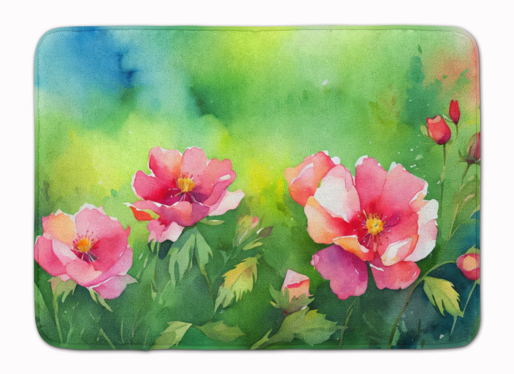 Iowa Wild Prairie Roses in Watercolor Memory Foam Kitchen Mat Machine Washable Anti-Fatigue Cushion Comfort Bath or Kitchen Rug