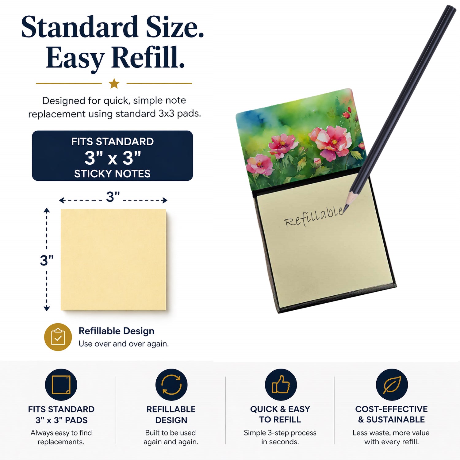 Iowa Wild Prairie Roses in Watercolor Watercolor Sticky Note Holder Refillable Dispenser Desk Accessory 3x3 Pad Gift