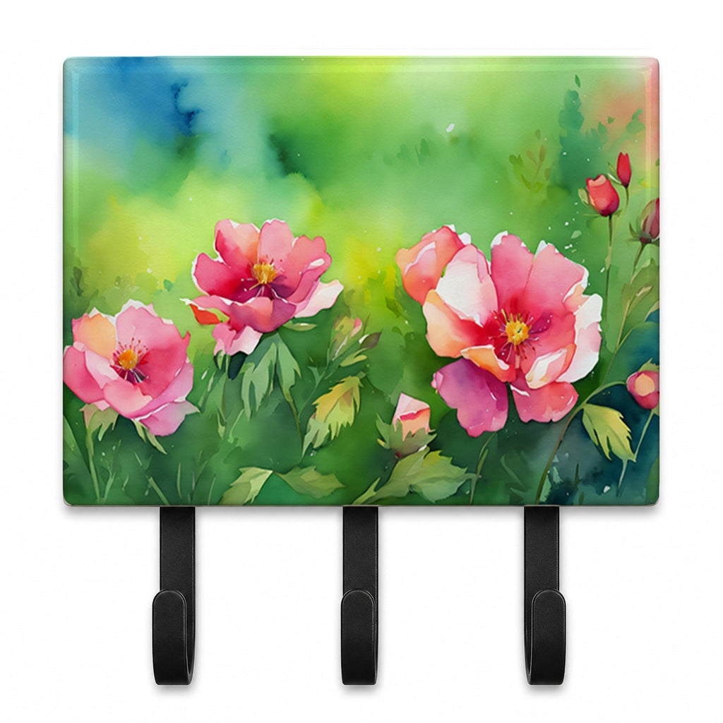 Iowa Wild Prairie Roses in Watercolor Leash or Key Holder Wall Hooks, Coat Rack Wall Mount, for Hanging Keys, Towels, Aprons, Leashes