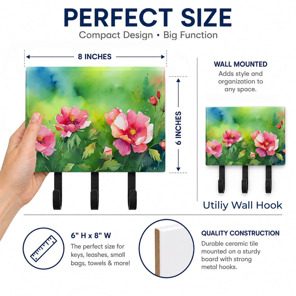 Iowa Wild Prairie Roses in Watercolor Leash or Key Holder Wall Hooks, Coat Rack Wall Mount, for Hanging Keys, Towels, Aprons, Leashes