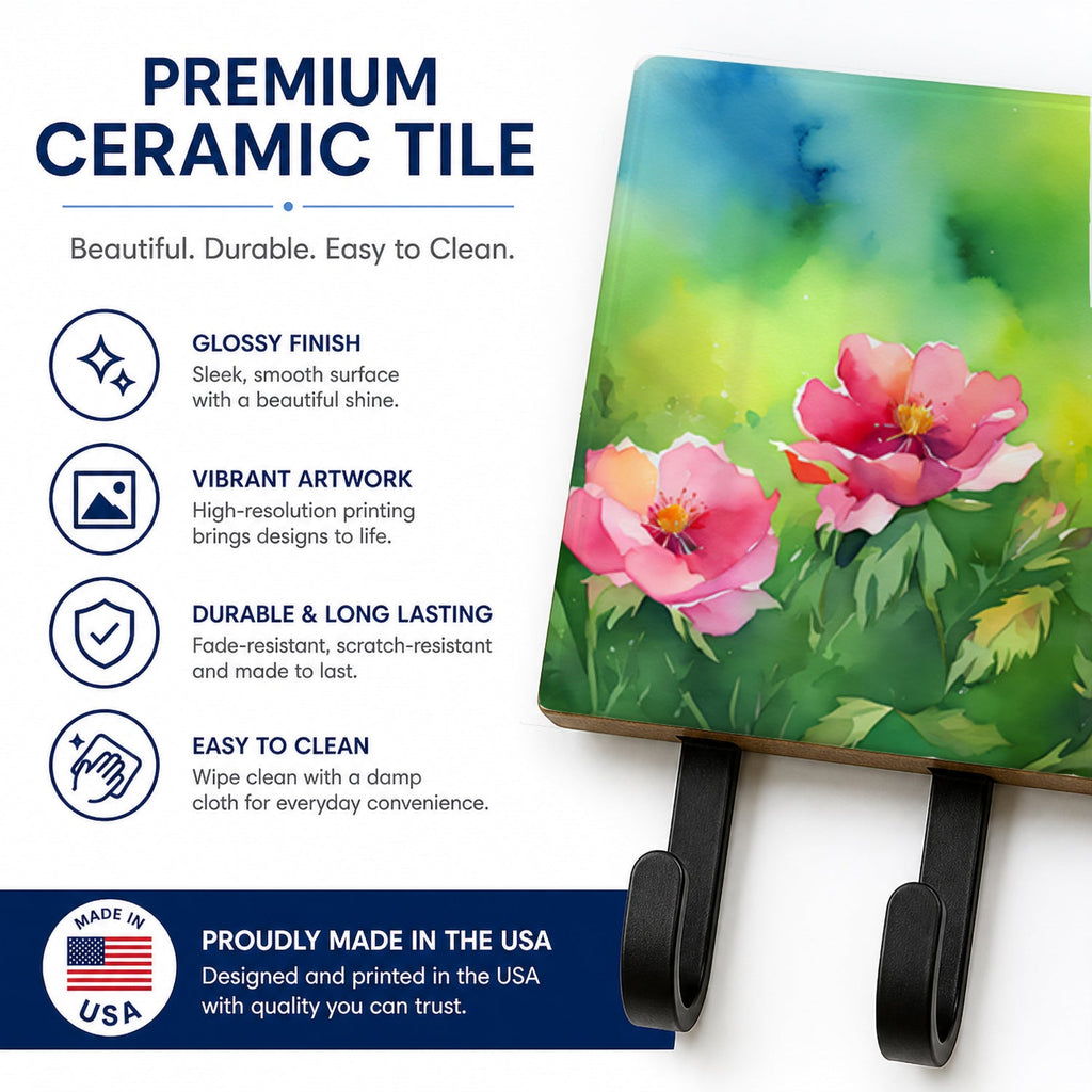 Iowa Wild Prairie Roses in Watercolor Leash or Key Holder Wall Hooks, Coat Rack Wall Mount, for Hanging Keys, Towels, Aprons, Leashes