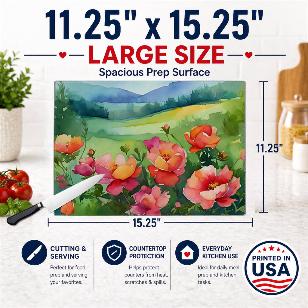 Iowa Wild Prairie Roses in Watercolor Cutting Board Tempered Glass Kitchen Cutting Surface, Heat Resistant Chopping, Non-Slip Feet, Food Prep & Serving
