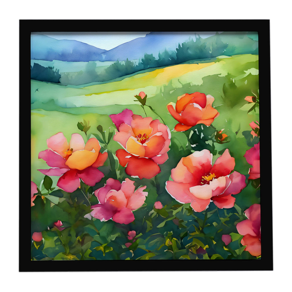 Iowa Wild Prairie Roses in Watercolor Framed Metal Print Bathroom, Kitchen, Office, Home Decor Wall Art Ready to Hang, Square, 8X8