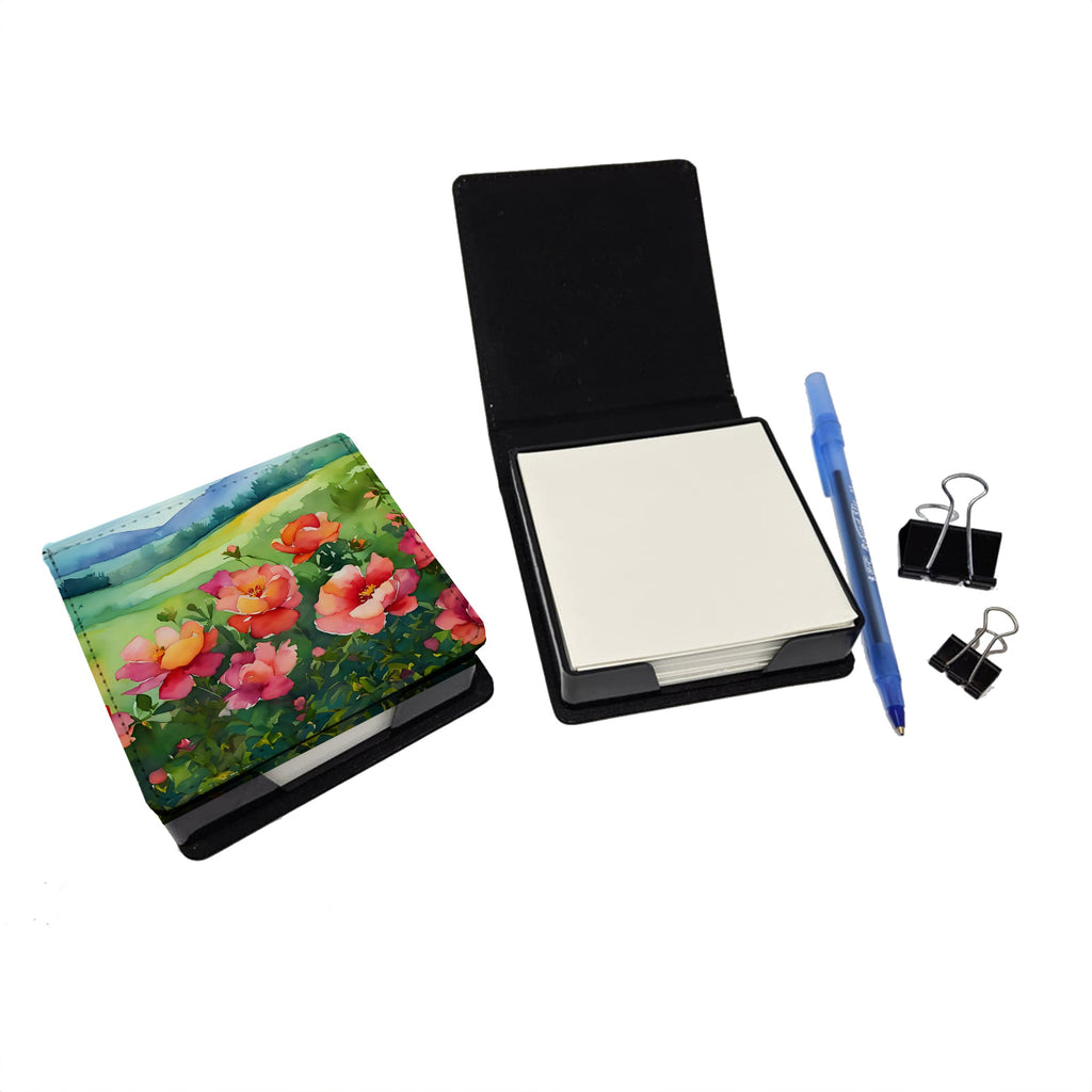 Iowa Wild Prairie Roses in Watercolor PU Leather Note Paper Holder with Artist-Designed Cover, Desk Accessory, Office Gift
