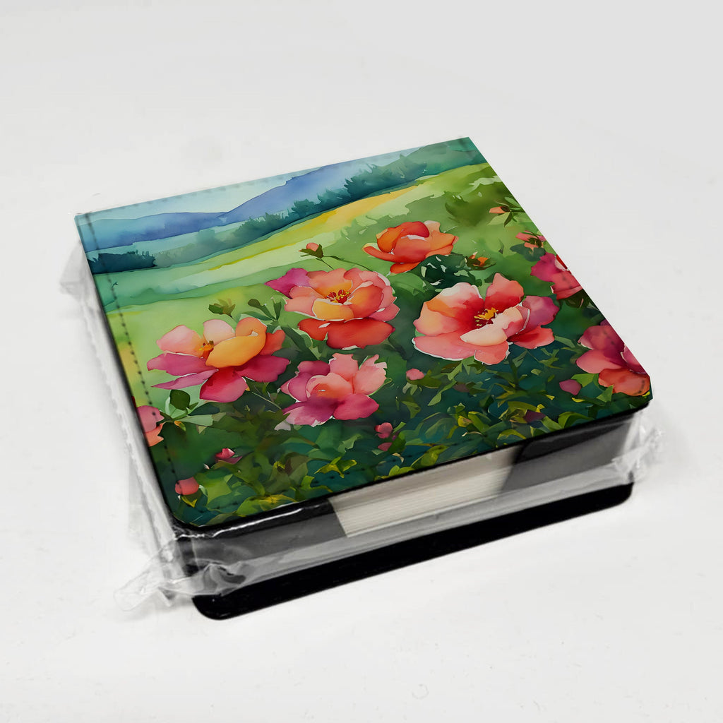 Iowa Wild Prairie Roses in Watercolor PU Leather Note Paper Holder with Artist-Designed Cover, Desk Accessory, Office Gift