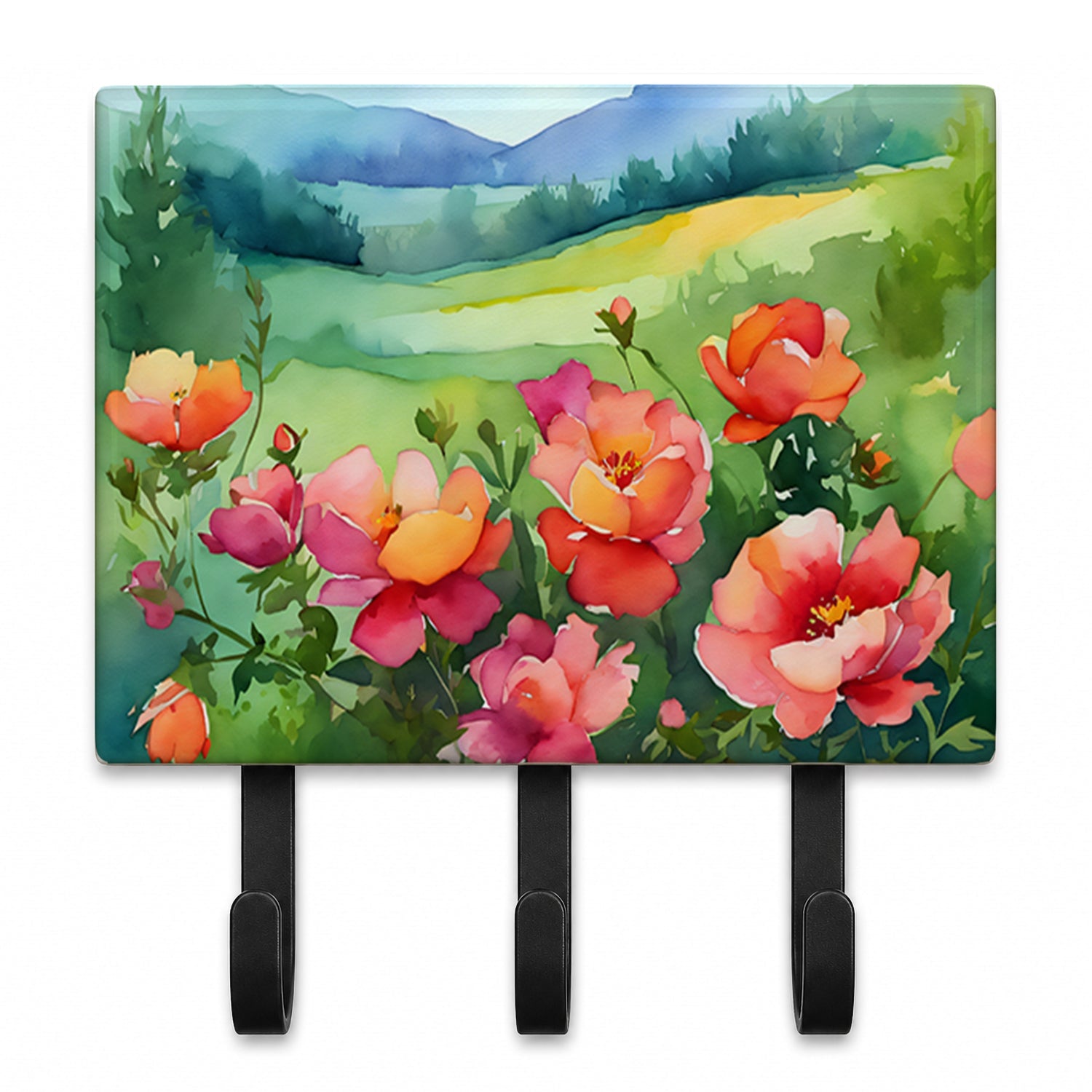 Iowa Wild Prairie Roses in Watercolor Leash or Key Holder Wall Hooks, Coat Rack Wall Mount, for Hanging Keys, Towels, Aprons, Leashes
