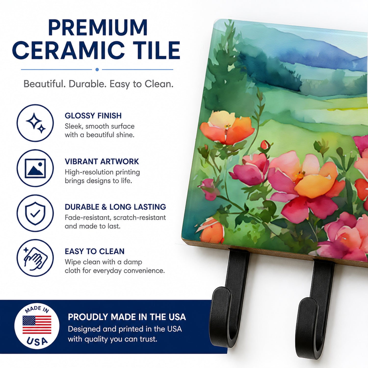 Iowa Wild Prairie Roses in Watercolor Leash or Key Holder Wall Hooks, Coat Rack Wall Mount, for Hanging Keys, Towels, Aprons, Leashes
