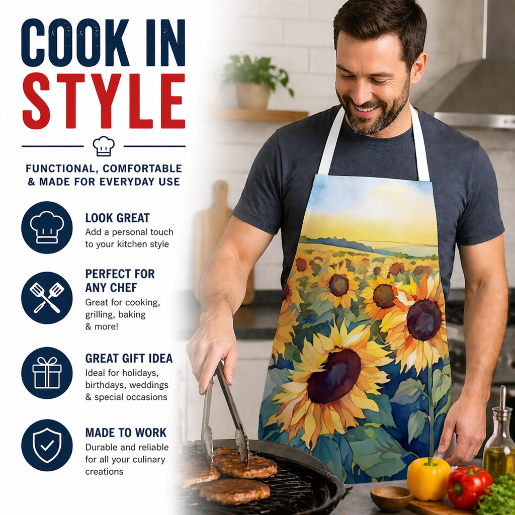 Kansas Sunflowers in Watercolor Apron Cooking Kitchen Server Baking Crafts Gardening for Adult Women Men, Unisex, Large, Multicolor