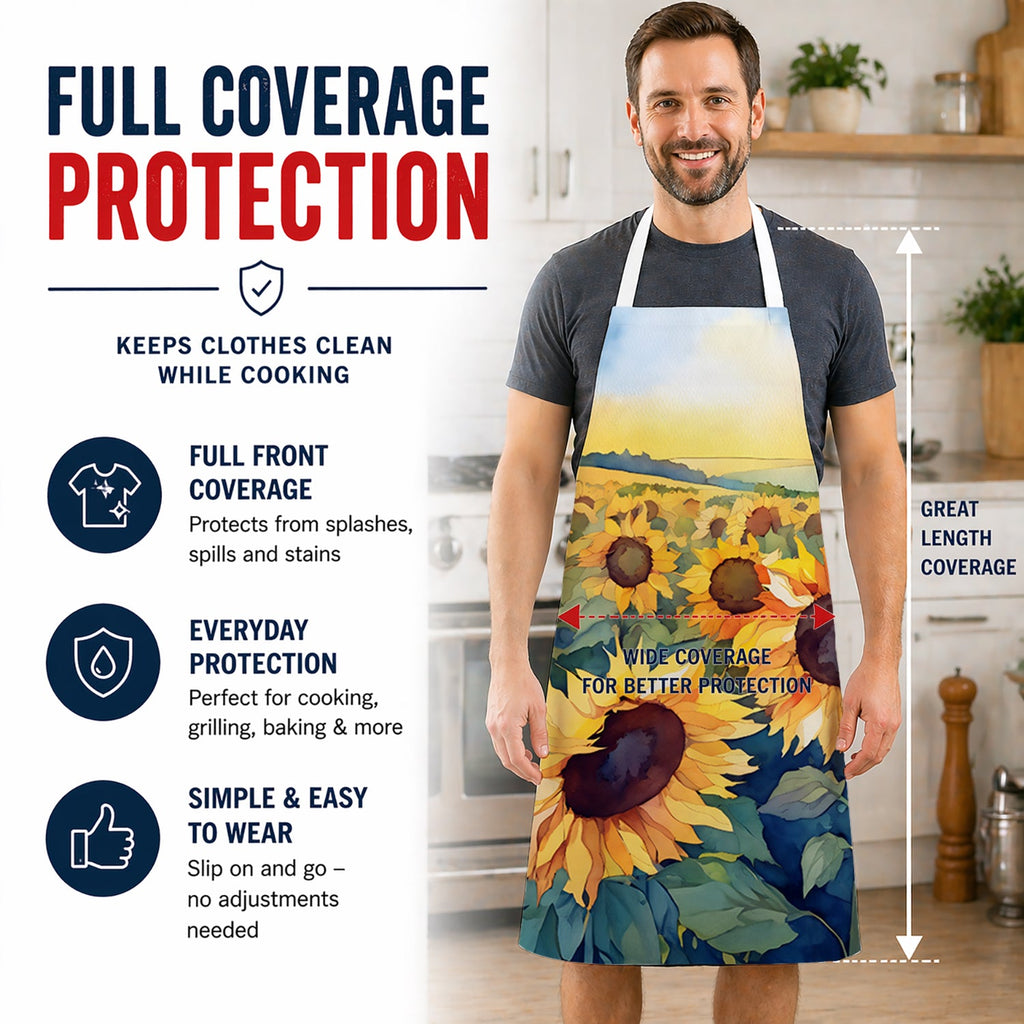 Kansas Sunflowers in Watercolor Apron Cooking Kitchen Server Baking Crafts Gardening for Adult Women Men, Unisex, Large, Multicolor