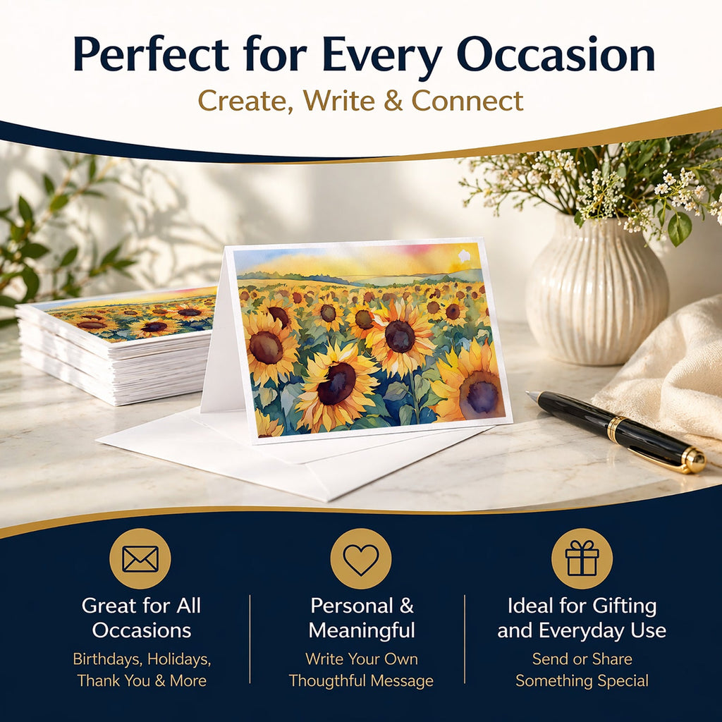 Kansas Sunflowers in Watercolor Greeting Cards Pack of 8 Blank Cards with Envelopes Whimsical A7 Size 5x7