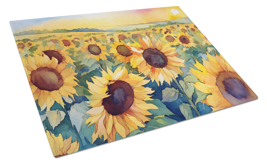 Kansas Sunflowers in Watercolor Cutting Board Tempered Glass Kitchen Cutting Surface, Heat Resistant Chopping, Non-Slip Feet, Food Prep & Serving