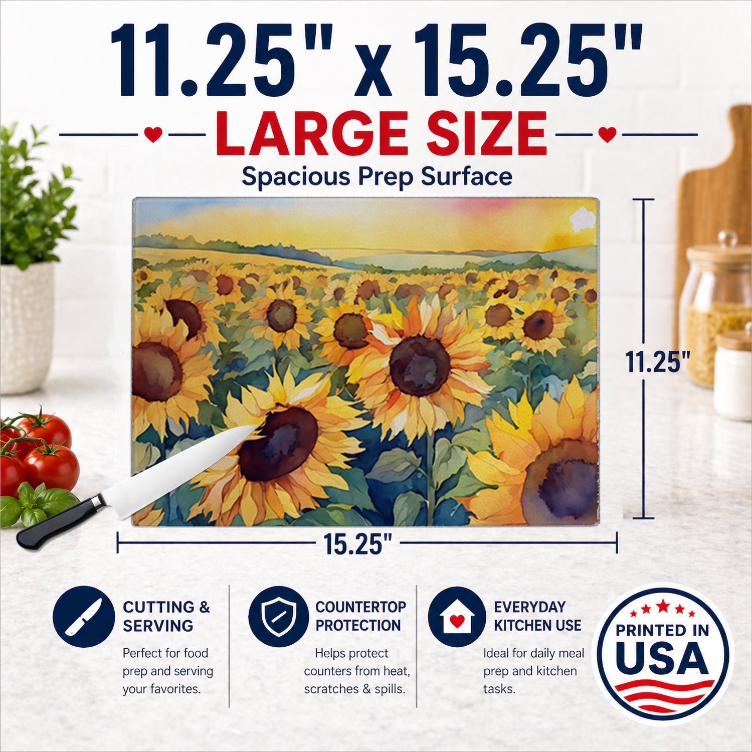 Kansas Sunflowers in Watercolor Cutting Board Tempered Glass Kitchen Cutting Surface, Heat Resistant Chopping, Non-Slip Feet, Food Prep & Serving