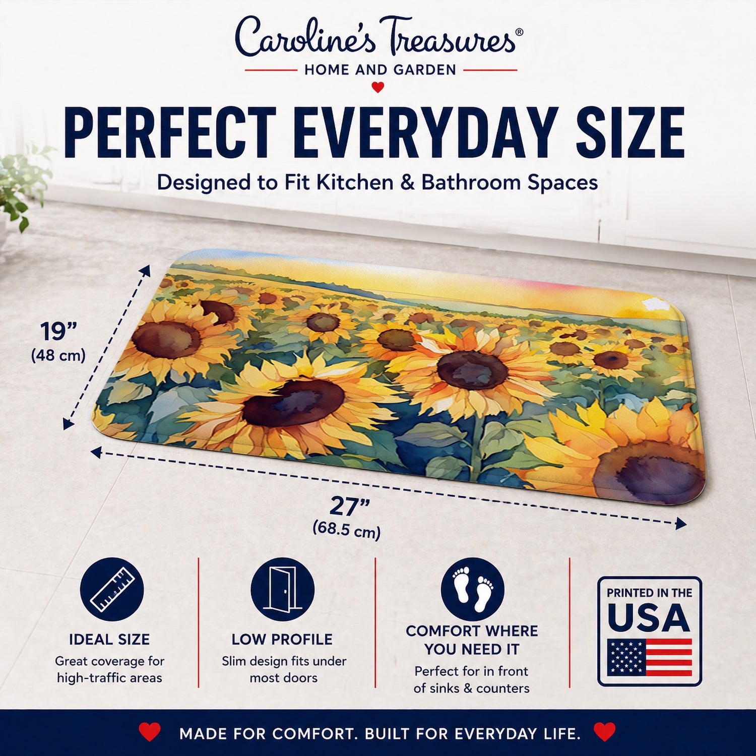 Kansas Sunflowers in Watercolor Memory Foam Kitchen Mat Machine Washable Anti-Fatigue Cushion Comfort Bath or Kitchen Rug