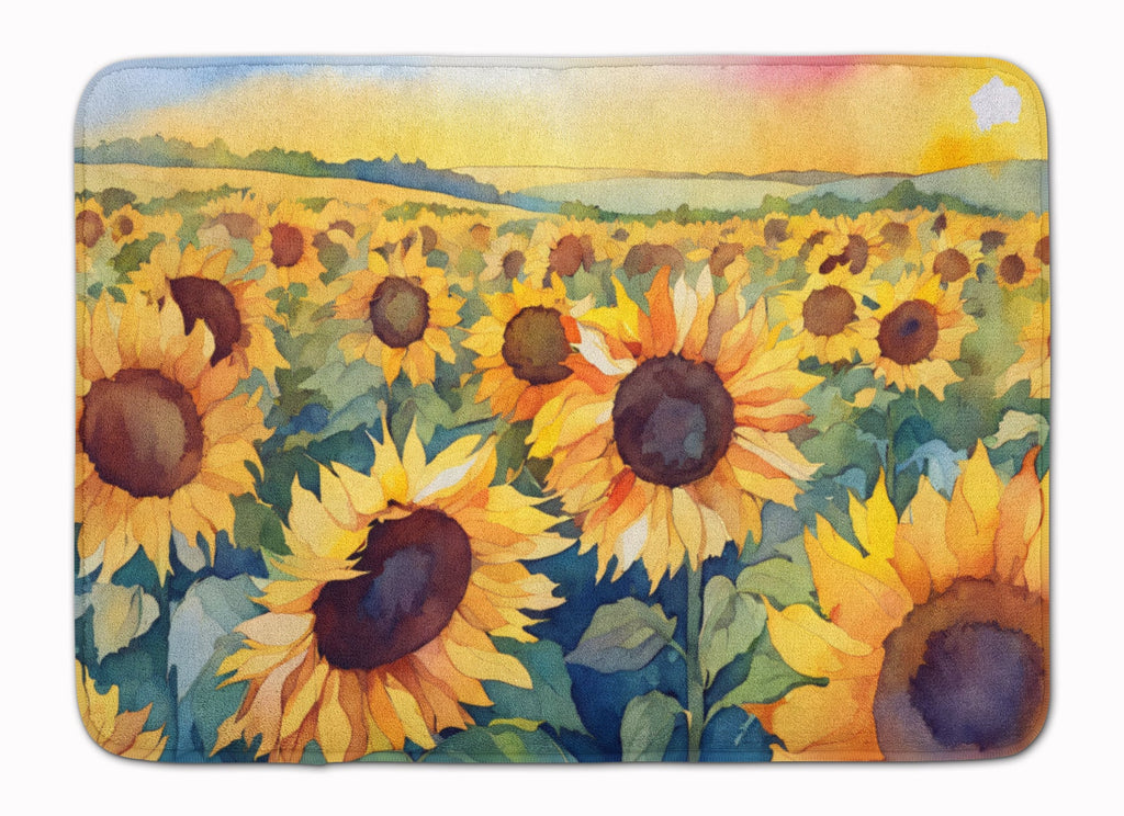 Kansas Sunflowers in Watercolor Memory Foam Kitchen Mat Machine Washable Anti-Fatigue Cushion Comfort Bath or Kitchen Rug