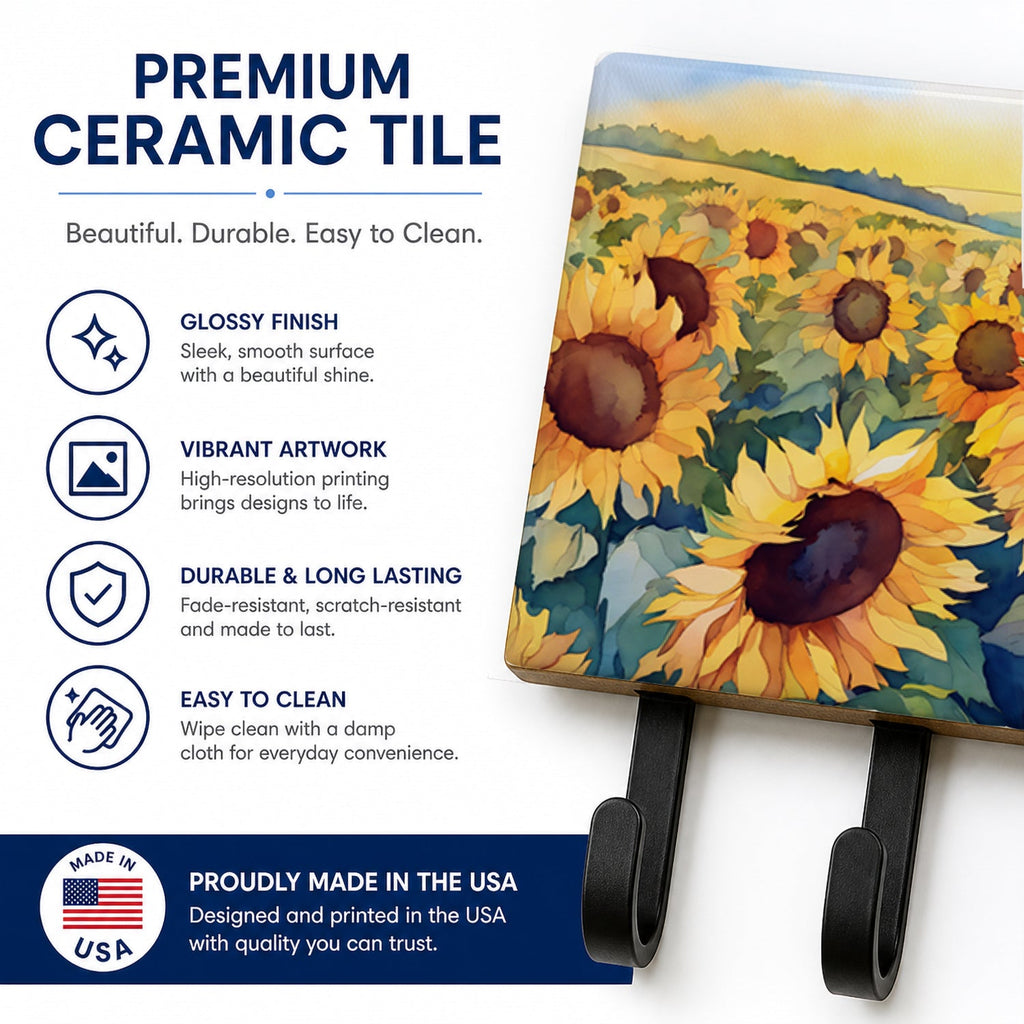 Kansas Sunflowers in Watercolor Leash or Key Holder Wall Hooks, Coat Rack Wall Mount, for Hanging Keys, Towels, Aprons, Leashes