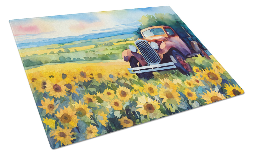 Kansas Sunflowers in Watercolor Cutting Board Tempered Glass Kitchen Cutting Surface, Heat Resistant Chopping, Non-Slip Feet, Food Prep & Serving