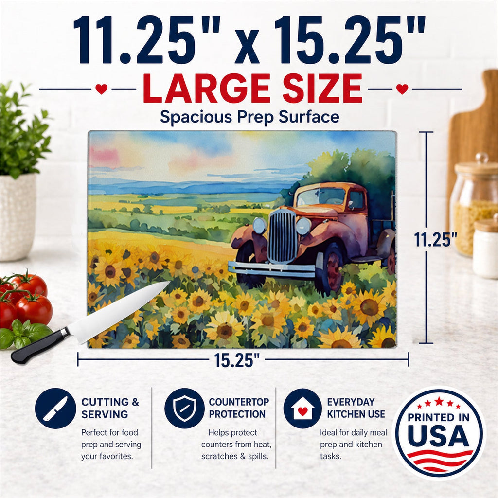 Kansas Sunflowers in Watercolor Cutting Board Tempered Glass Kitchen Cutting Surface, Heat Resistant Chopping, Non-Slip Feet, Food Prep & Serving