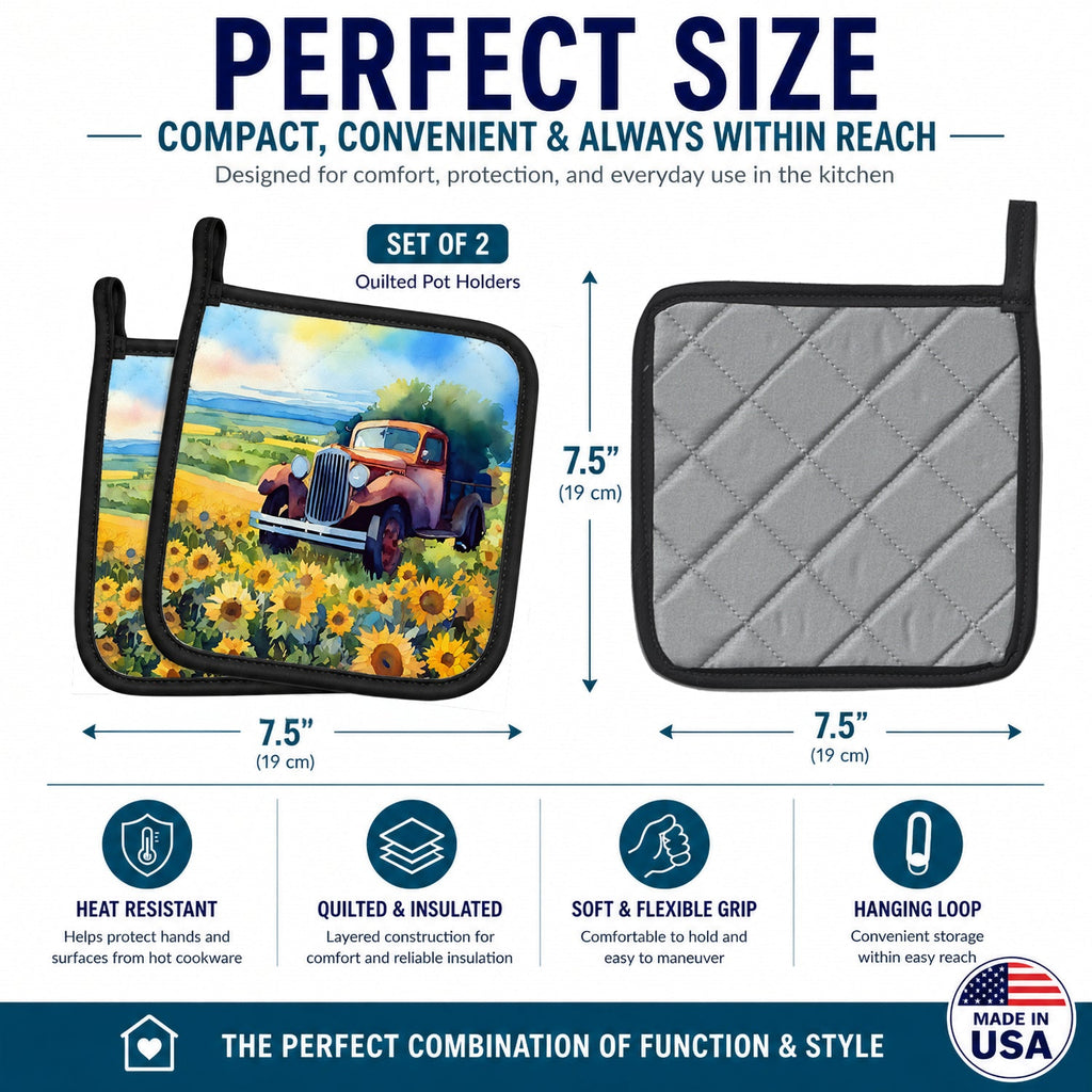 Kansas Sunflowers in Watercolor Pot Holder Set of 2 Heat Resistant Quilted Hot Pads 7.5 x 7.5 Inch, Insulated Kitchen Trivets for Cooking & Baking