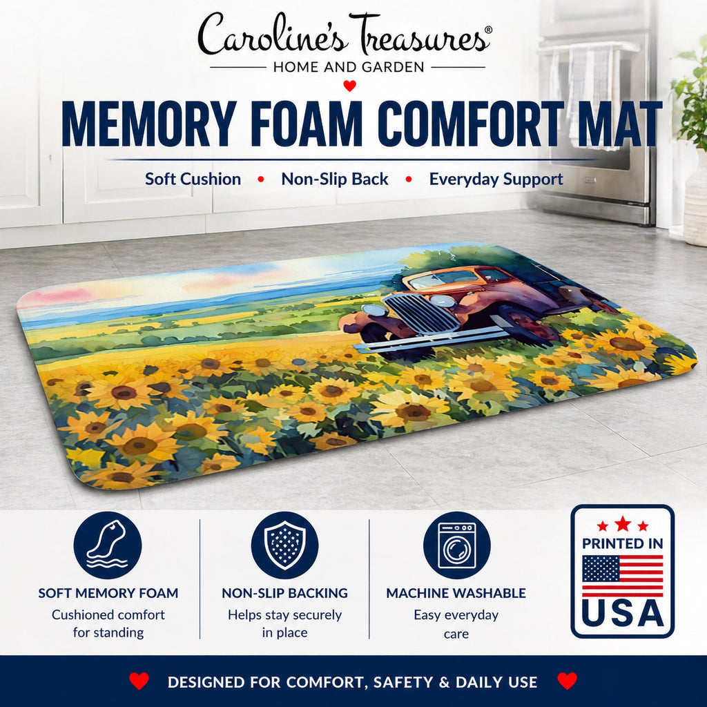 Kansas Sunflowers in Watercolor Memory Foam Kitchen Mat Machine Washable Anti-Fatigue Cushion Comfort Bath or Kitchen Rug