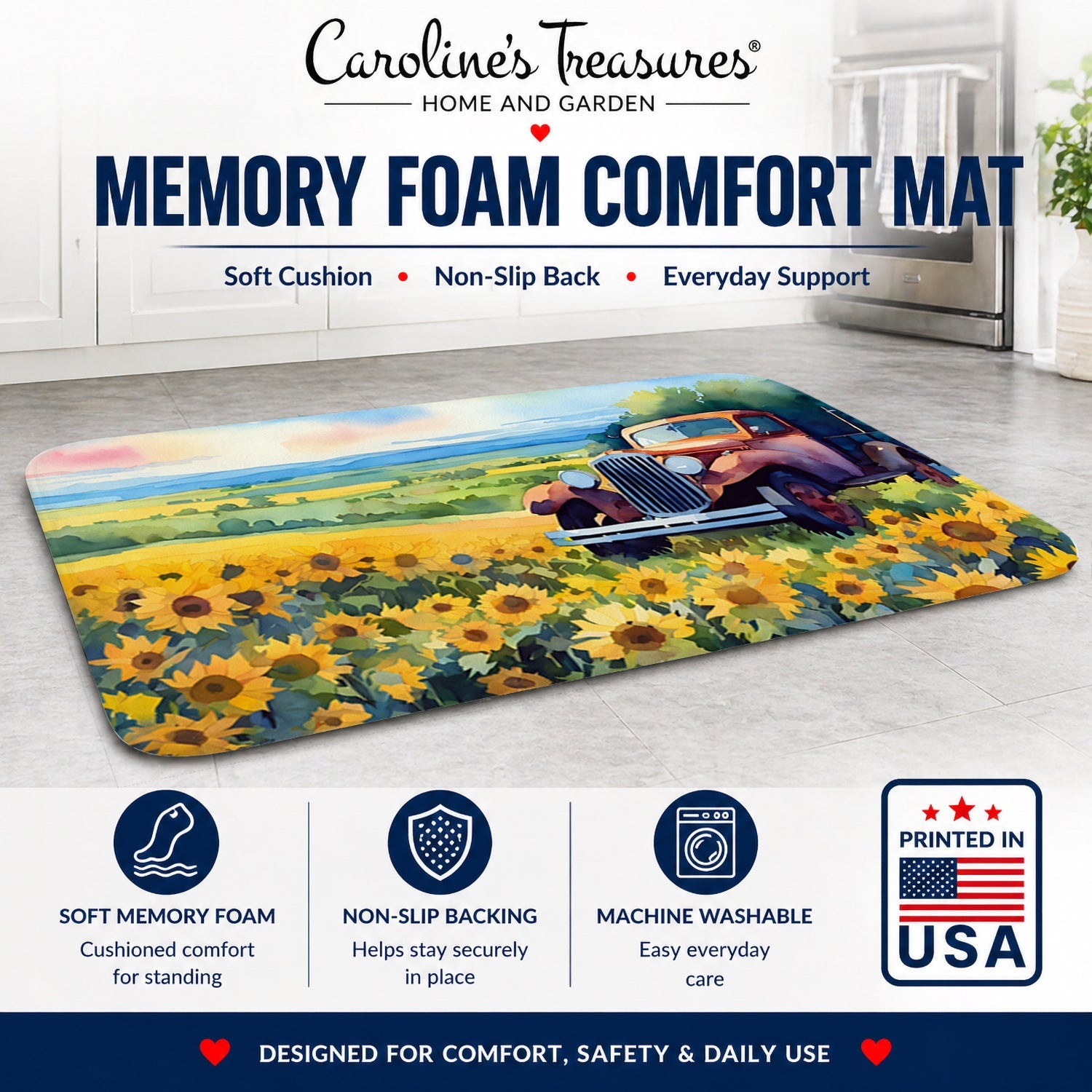 Kansas Sunflowers in Watercolor Memory Foam Kitchen Mat Machine Washable Anti-Fatigue Cushion Comfort Bath or Kitchen Rug